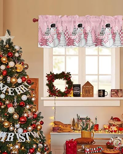 Miniatura 3 de Cenefas de Navidad para ventanas de cocina, cortina de ventana con bolsillo para barra de árbol de Navidad, bosque de invierno, color rosa, 54