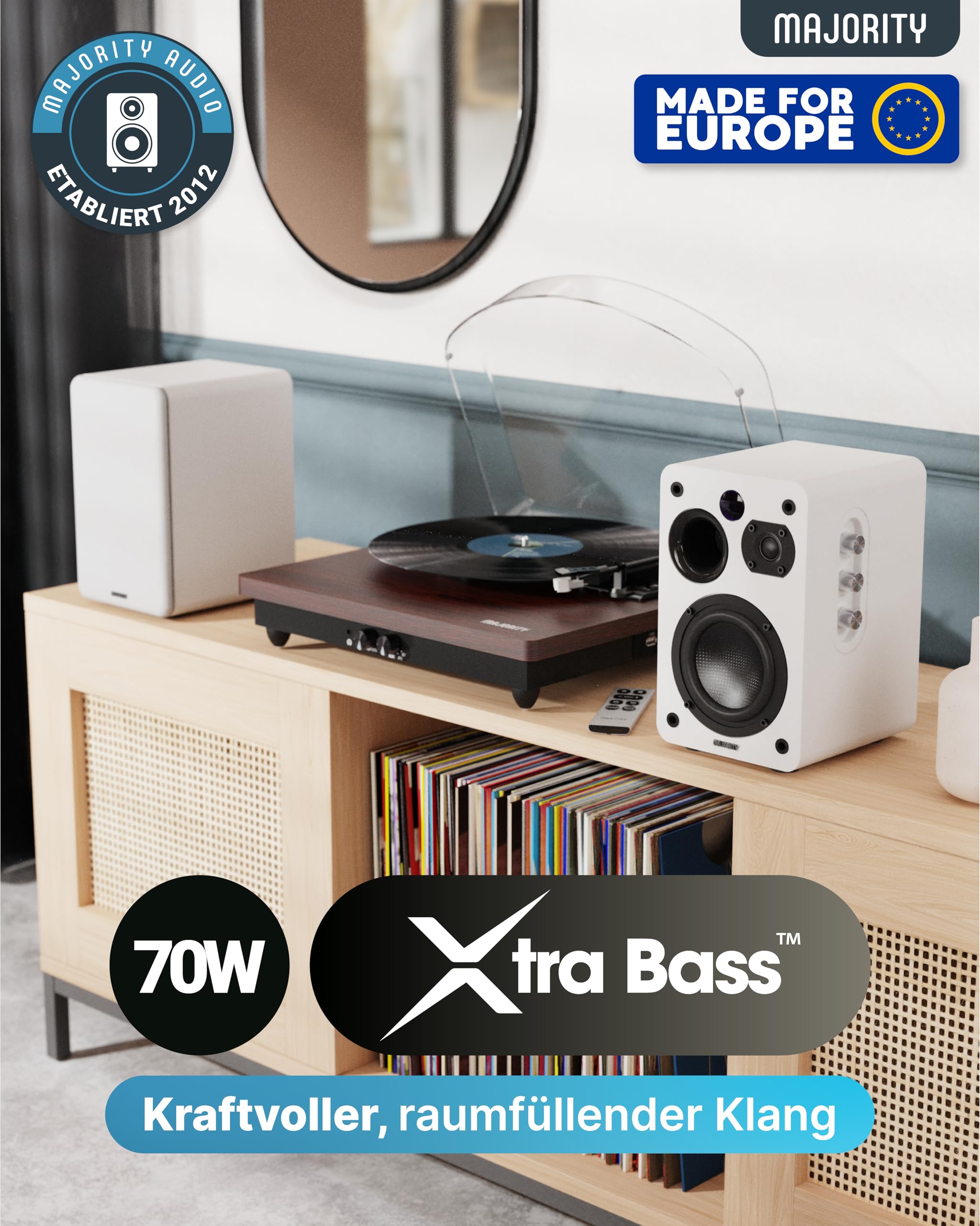 MAJORITY D70X Aktivlautsprecher Bluetooth | Regallautsprecher HDMI ARC | Studio Monitor DJ Doppeltreiber Kohlefasermembranen | 70W Stereo PC Speaker | Monitor Lautsprecher mit Fernbedienung (Weiß)