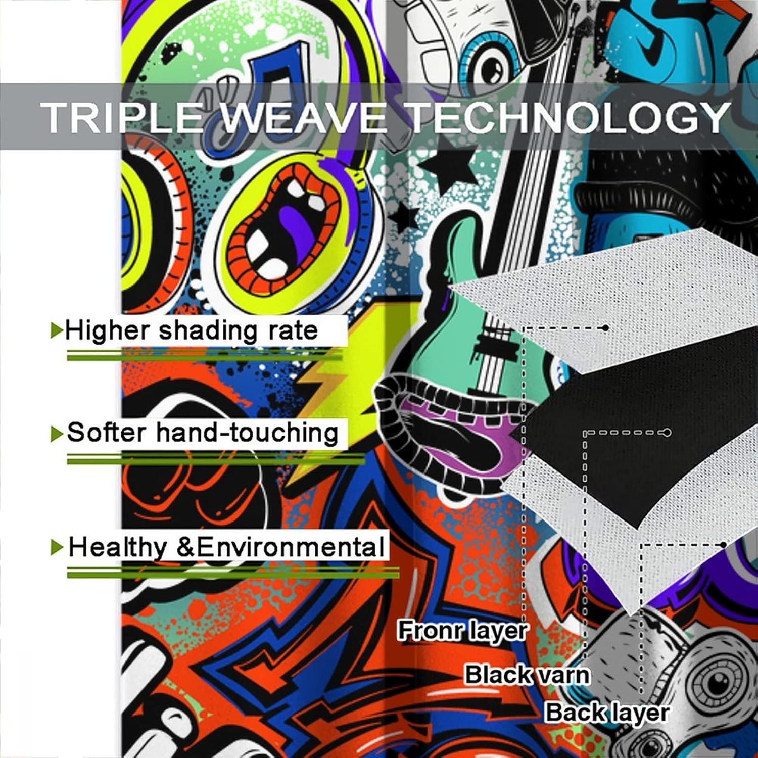 Graffiti Blackout Curtain Hip Hop Style Colorful Abstract City Wall Graffiti Art Print for Boys Bedroom Living Room Bathroom Decor Rod Pocket Window Drapes 2 Panels 52x84in