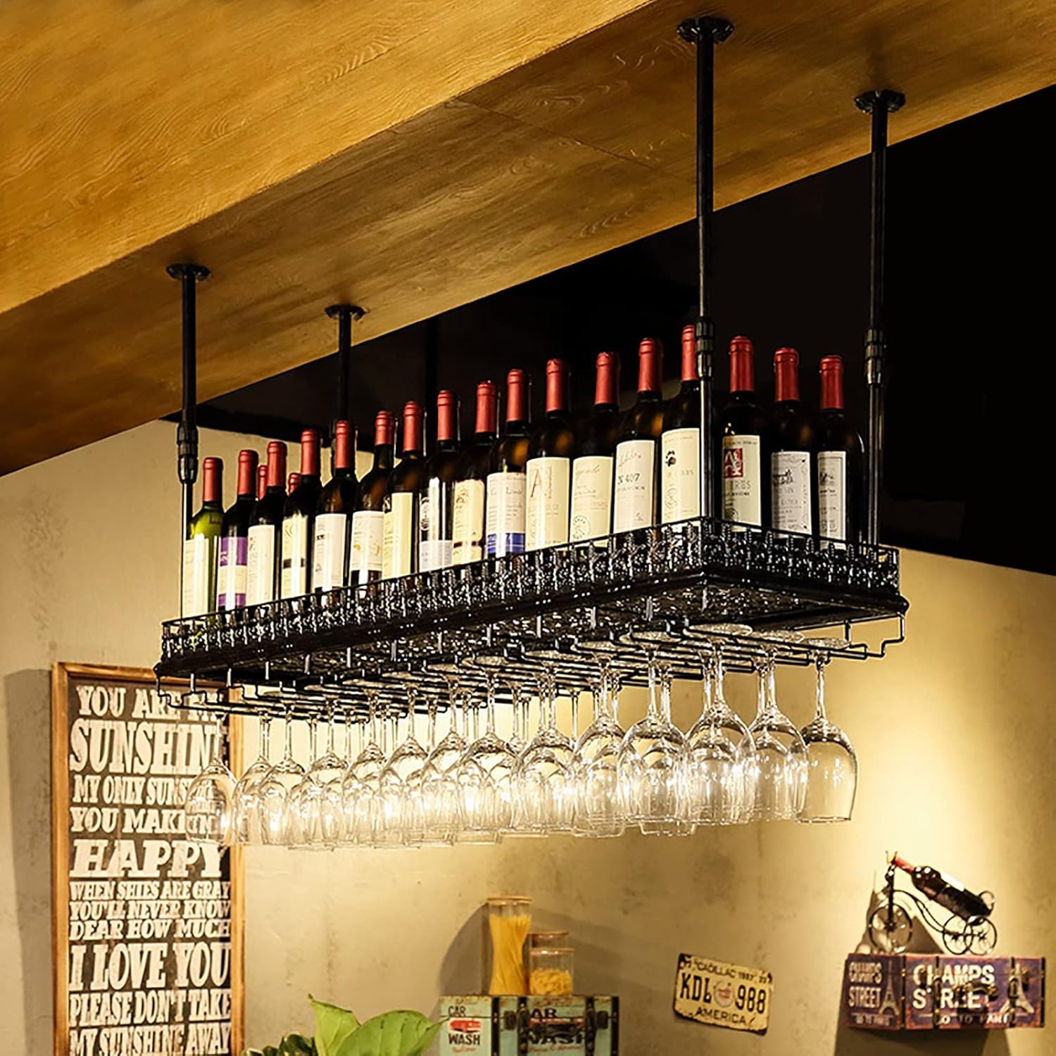 Ceiling Wine Glass Rack Metal Black Wine Rack,Adjustable Height,Ceiling Iron Stemware Holder,Wine Bottle Holder Storage Rack,for Restaurants/Bars/Home/Kitchen