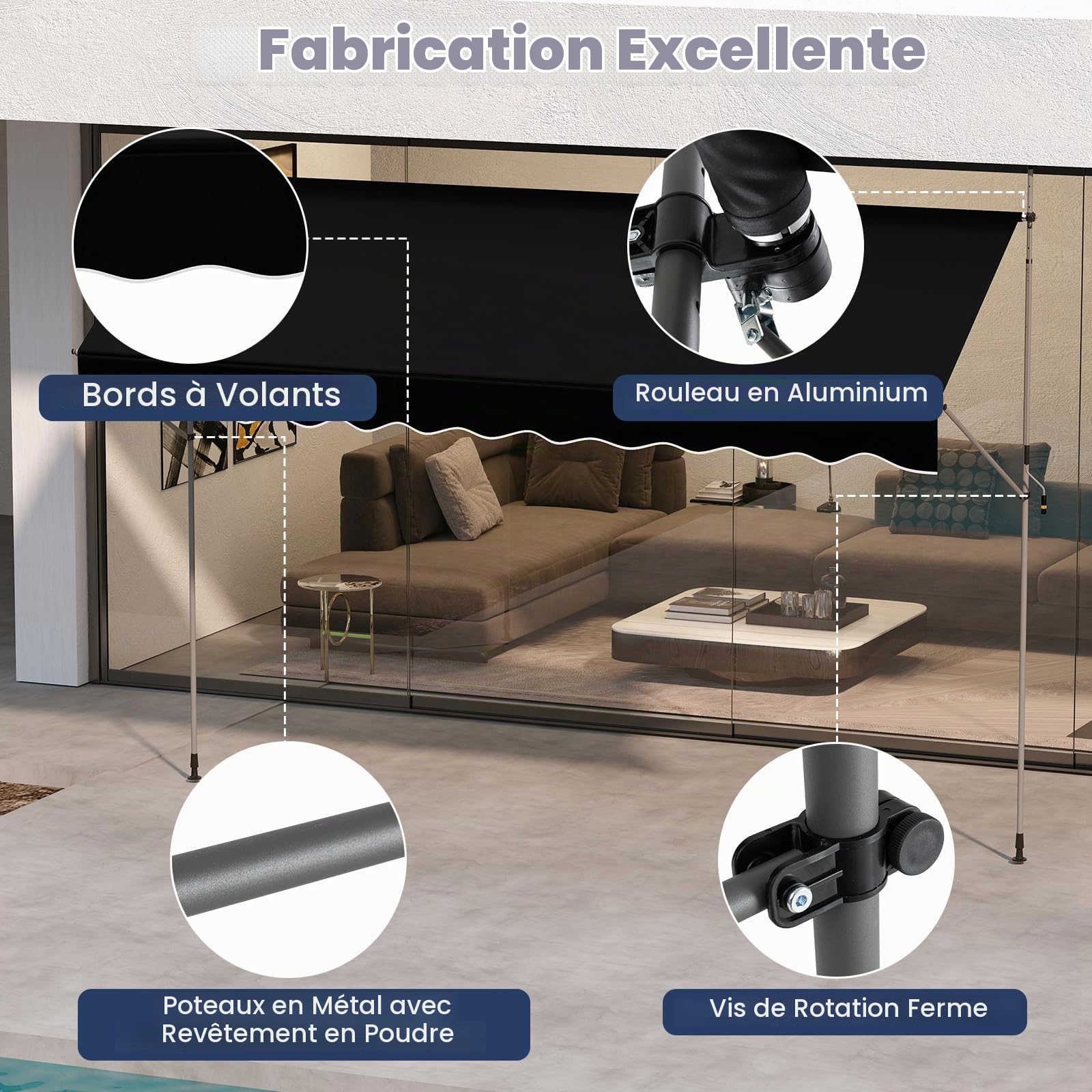 COSTWAY Store Banne Manuel Rétractable de 4 x 1,2M avec Manivelle Hauteur Réglable 210-300CM, Auvent de Terrasse en Aluminium Tissu Oxford Imperméable Anti UV, pour Blacon et Porte (Noir)