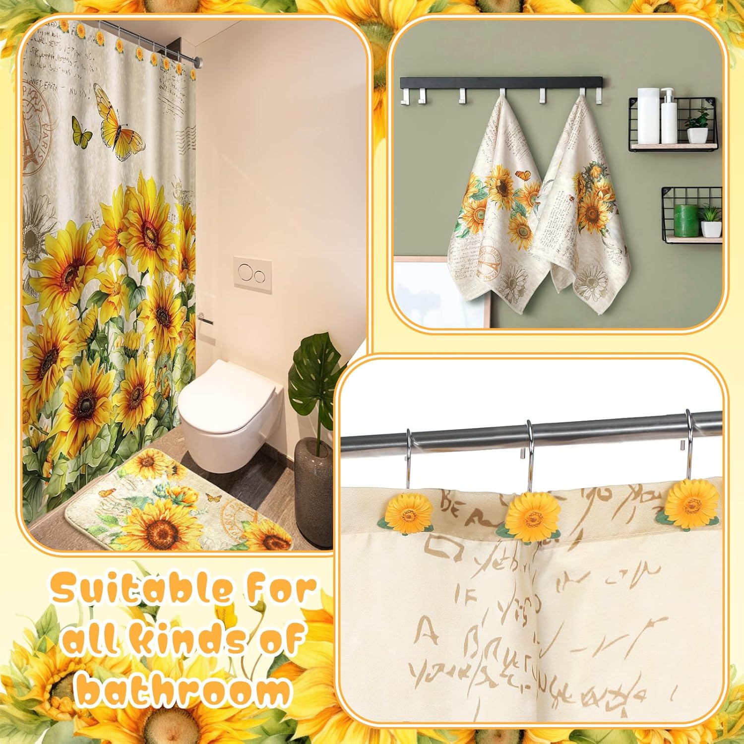 Fourluoo 18 Pcs Sunflower Shower Curtain Set Sunflower Butterfly Shower Decor Fabric Bathroom Decor Set with 12 Decorative Hooks Floral Towels Non Slip Absorbent Rug for Modern Aesthetic Bathroom
