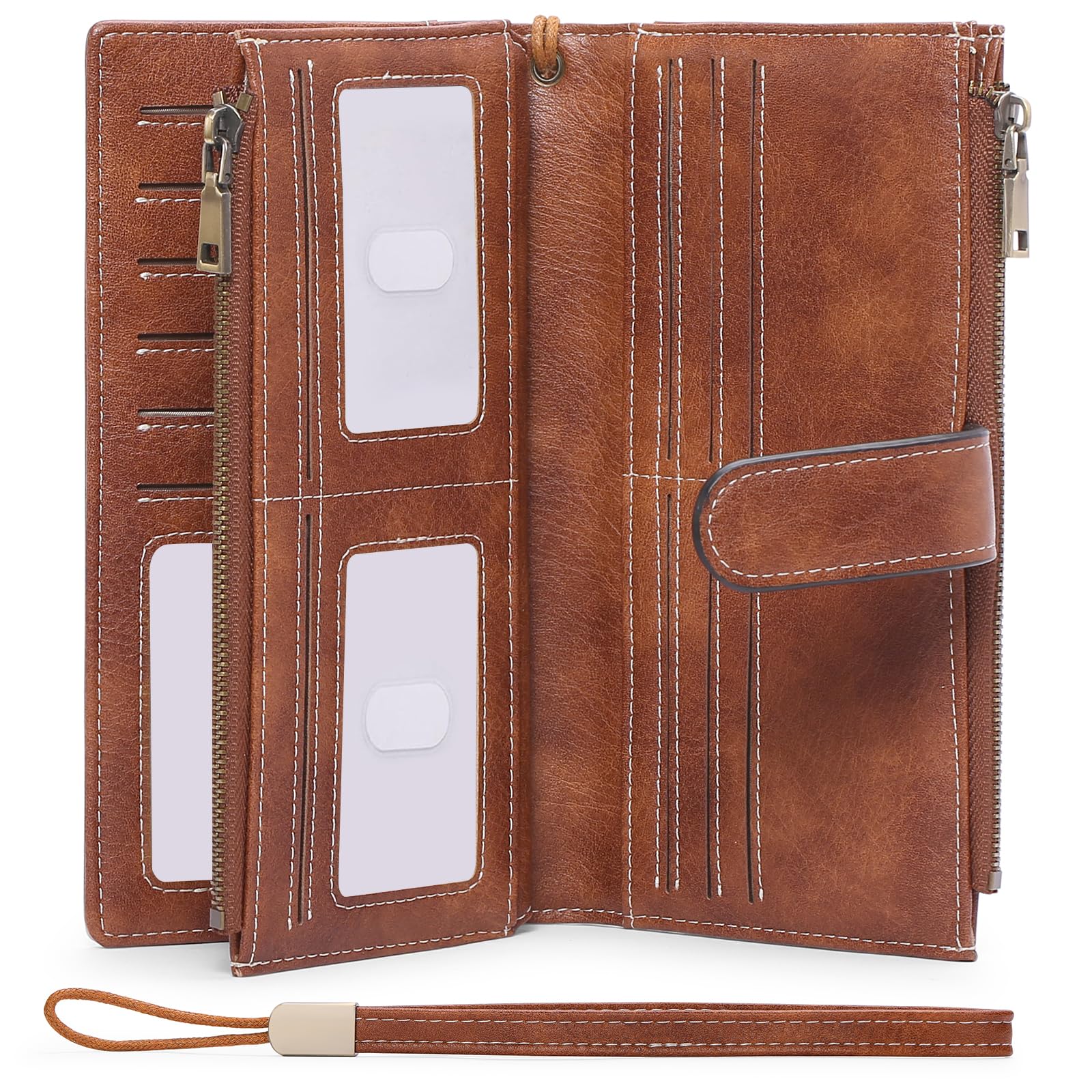 GOIACII Womens Wallets Large Capacity Credit Card Holder Rfid Wallet Women Double Zipper Pocket Leather Bifold Ladies Wristlet Clutch Wallet