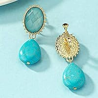 Vista 4 de Pendientes colgantes de turquesa de estilo vintage, cristal facetado ovalado, ajuste de corona dorada