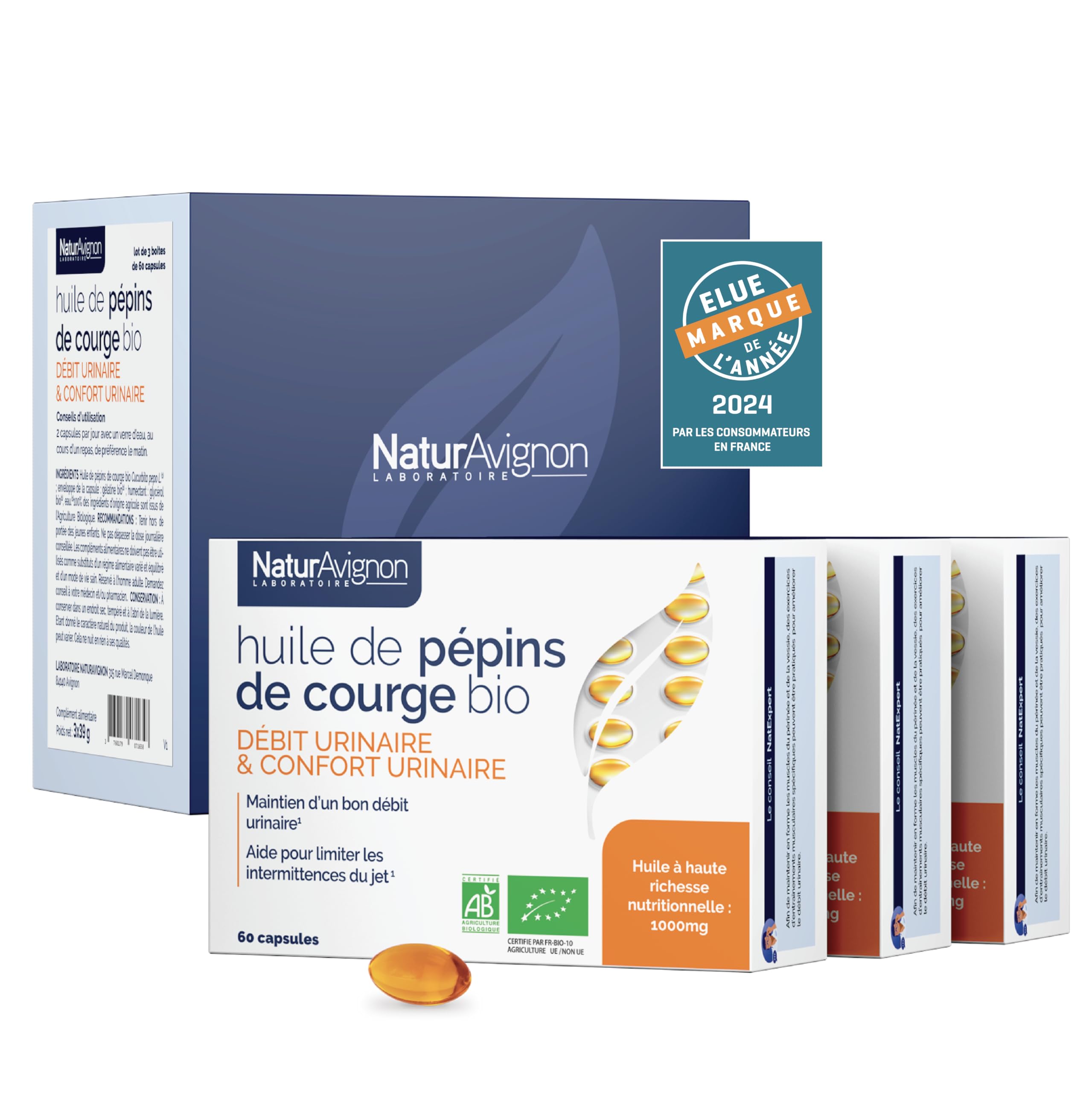 NaturAvignon Huile de Pépins de Courge BIO (graines de courge) | Confort urinaire, Prostate, Fuite urinaire homme | 1000mg huile de pepin de courge (graine de courge bio pumpkin seed oil) 180capsules