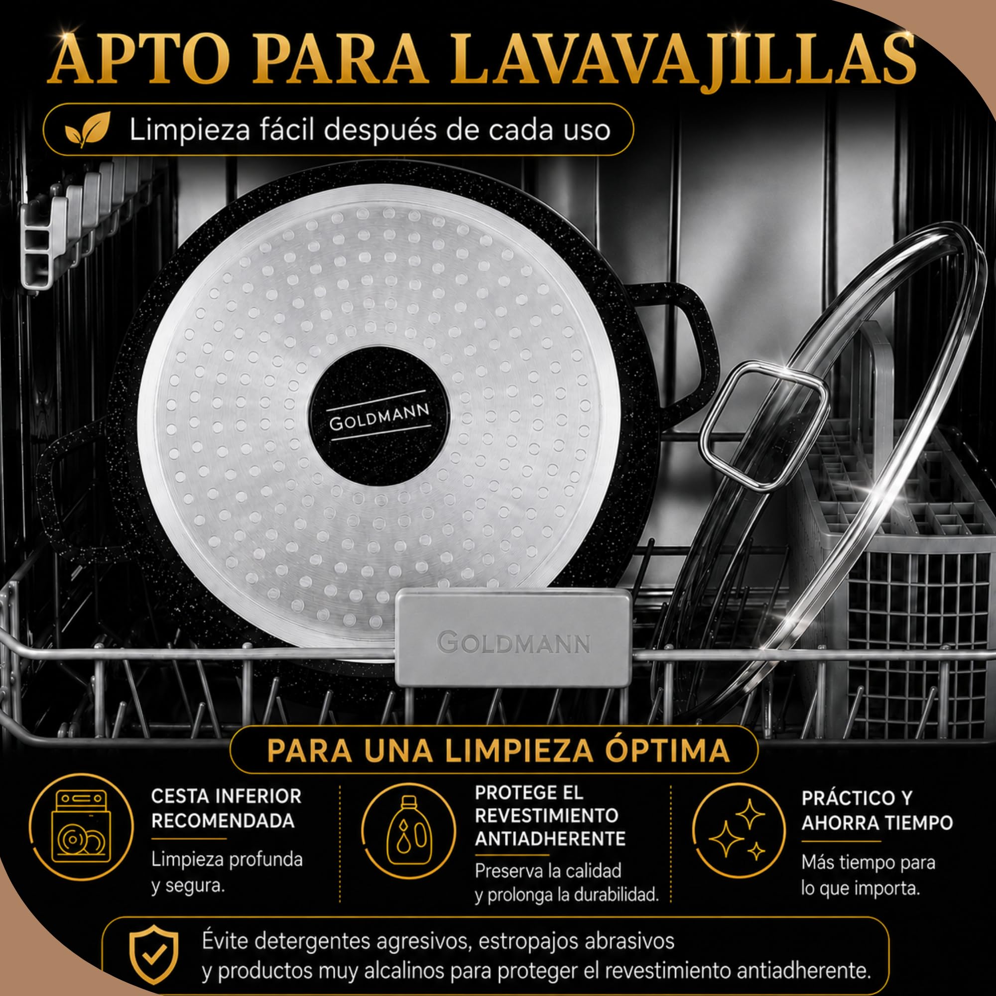 Olla cocina aluminio fundido GOLDMANN, 28 cm - 6.5 L, con revestimiento antiadherente de mármol cerámico, tapa de vidrio, apta para inducción y todo tipo de cocinas, apta para horno y libre de PFOA.