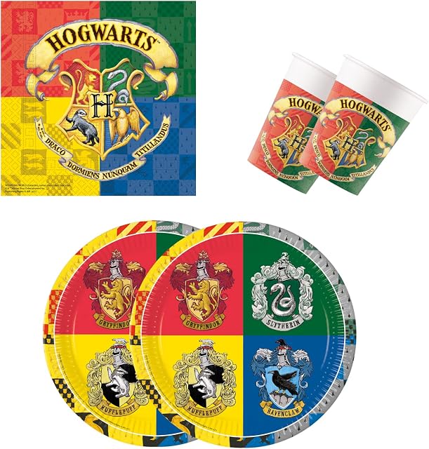 Procos 10137422 - zestaw imprezowy S Harry Potter - Hogwart, 52-częściowy zestaw, 16 talerzy, 16 kubków, 20 serwetek, naczyń jednorazowych, naczyń na imprezę, dekoracja stołu