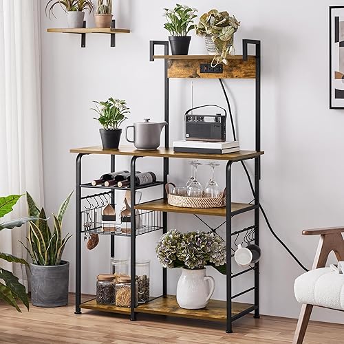 Miniatura 16 de Yaheetech Estante para panaderos con toma de corriente, carrito de microondas de 4 niveles, barra de café con cesta de alambre y almacenamiento de