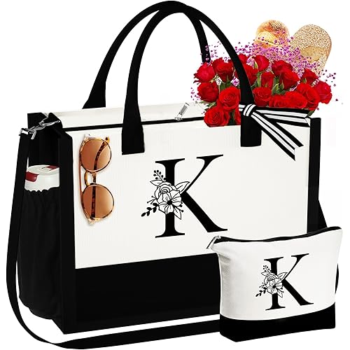 Initial Canvas Tote Bag Makeup Bag Tote Bag with Zipper Personalized Birthday Graduation Gifts for Women Her