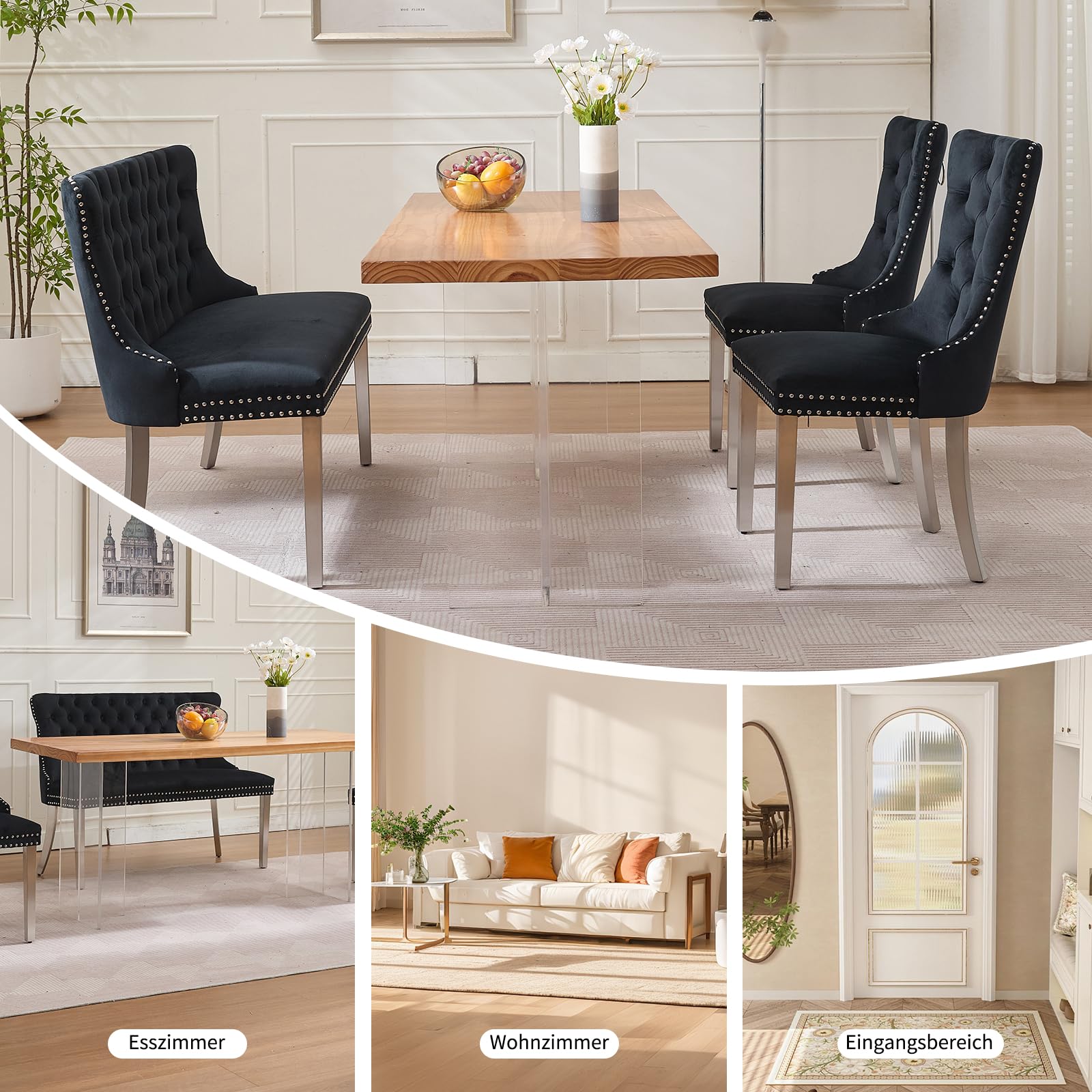 Shenyon Samt-Esszimmerbank mit Rückenlehne, Chesterfield Sitzbank mit Knopfheftung, Silberne Edelstahlbeine mit Ziernägeln, gepolsterte Sitzbank für Esszimmer, Küche & Flur, Schwarz