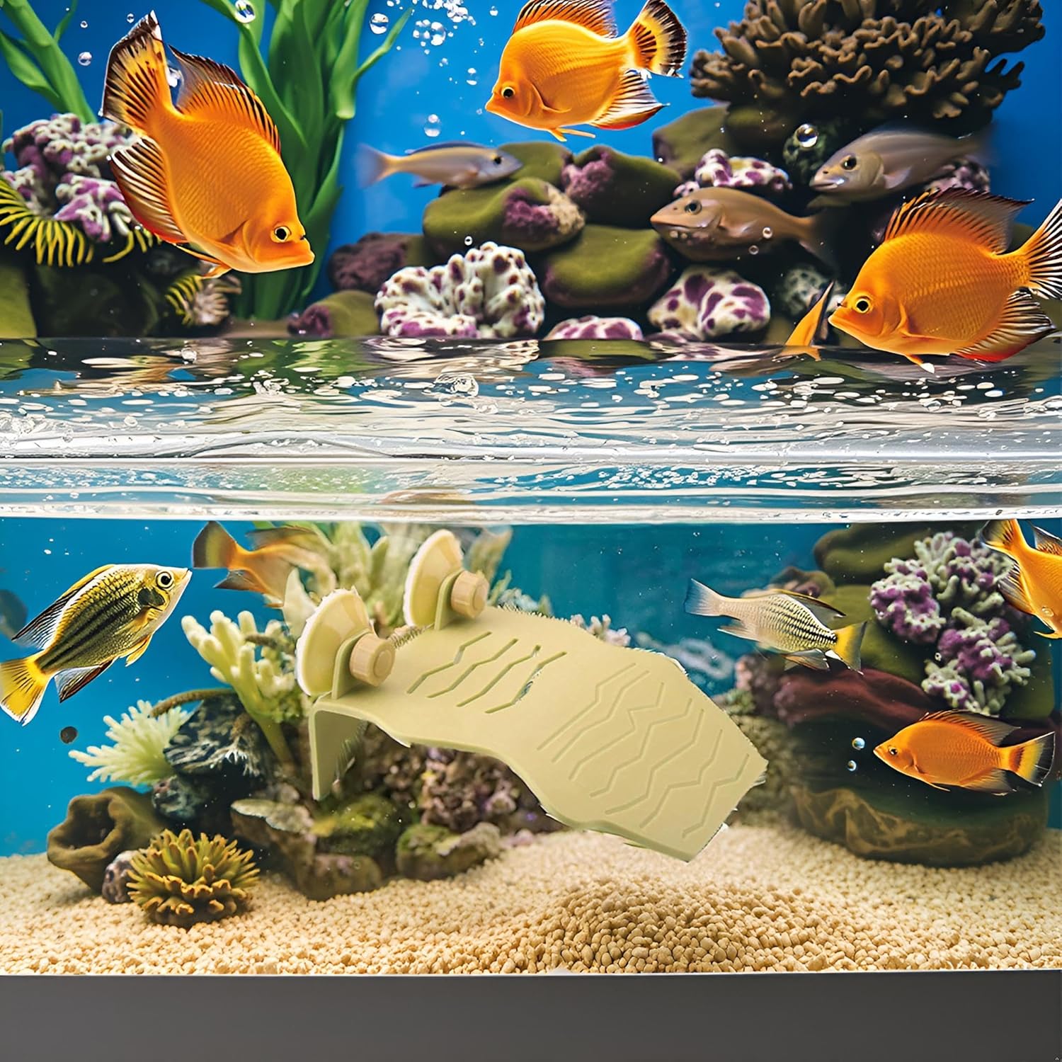 Pssopp Plastic Turtle Basking Dock, Turtle Resting Terrace Aquarium Fish Climbing Floating Island with Suction Cup for Reptiles Amphibians Sun Bathing Resting and Playing(L Yellow)