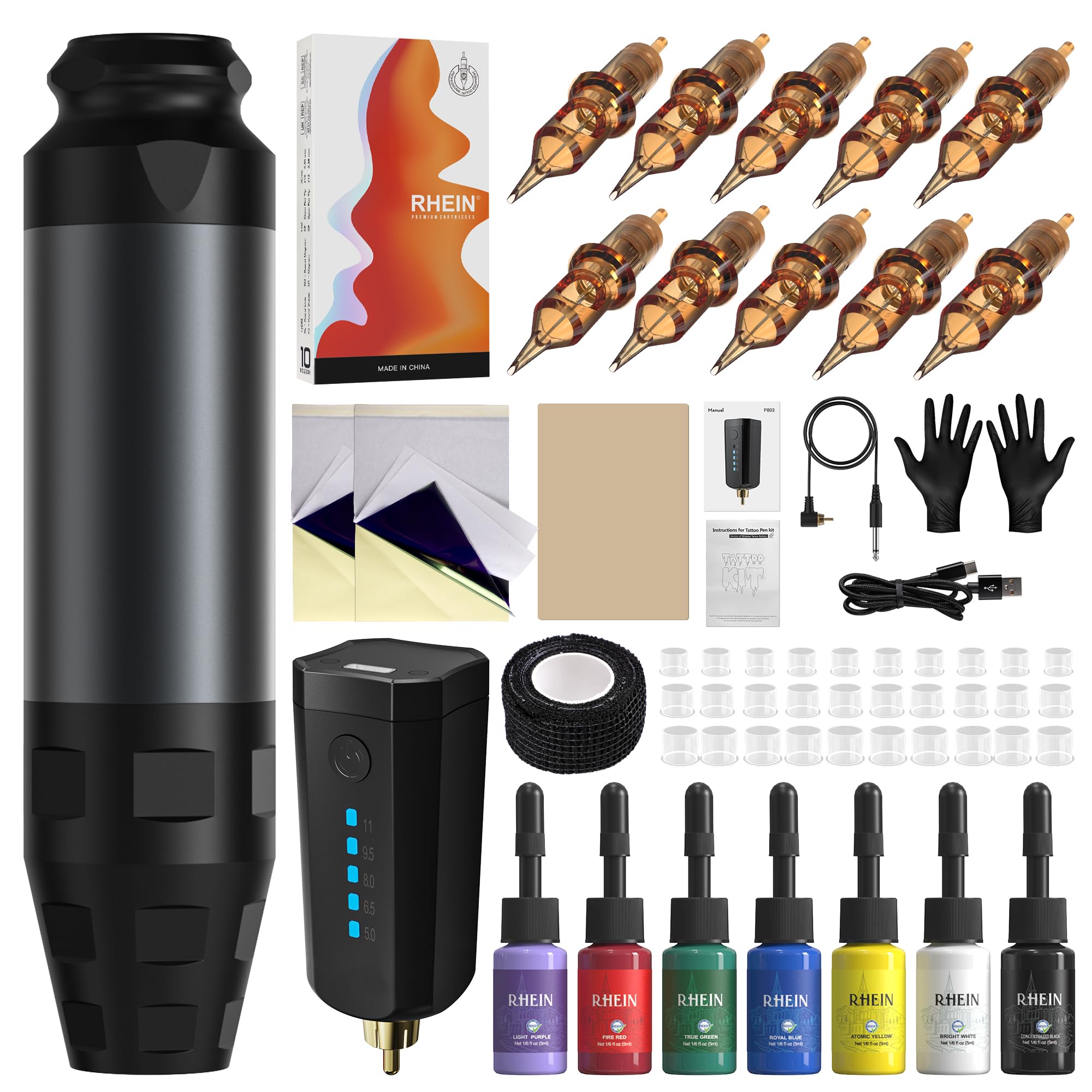 RHEIN Maschine Set mit 1600mAh Akku 10 Stück Cartridges 7 Inks Kabellos Maschine Komplettes Zubehör RNP76KIT-7
