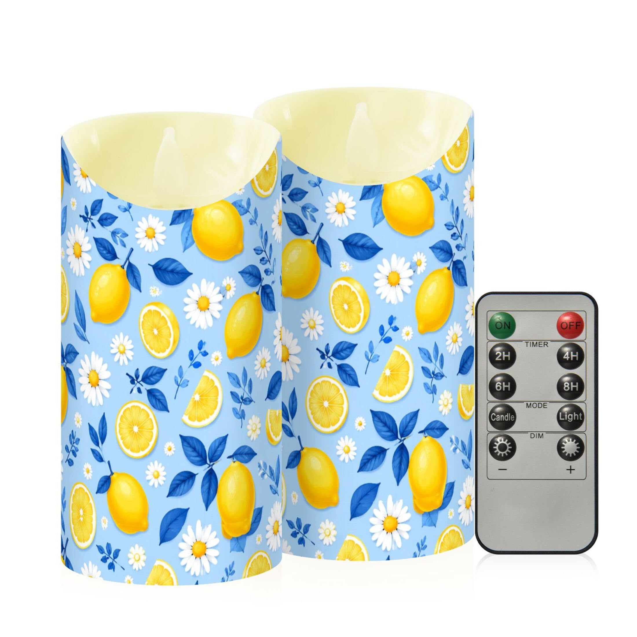 Fuauuyl Lemons LED Flameless Candles Flickering Plastic Pillar Candles Battery Operated Votive Candle with Remote Control and Timer, Home Decoration 2 Pack