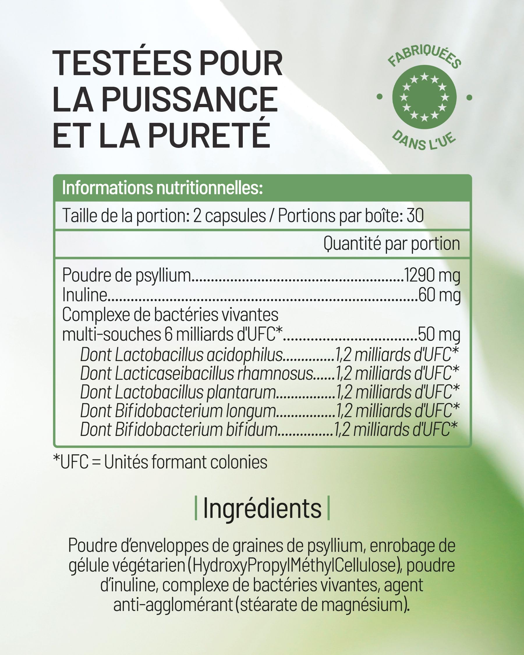 Psyllium Blond avec Probiotiques 1400 mg - Téguments purs à 99% - 60 gélules - Transit, Digestion, Fonction Intestinale - Fibres alimentaires avec Psyllium Husk & Complexe Probiotique 6 Milliards