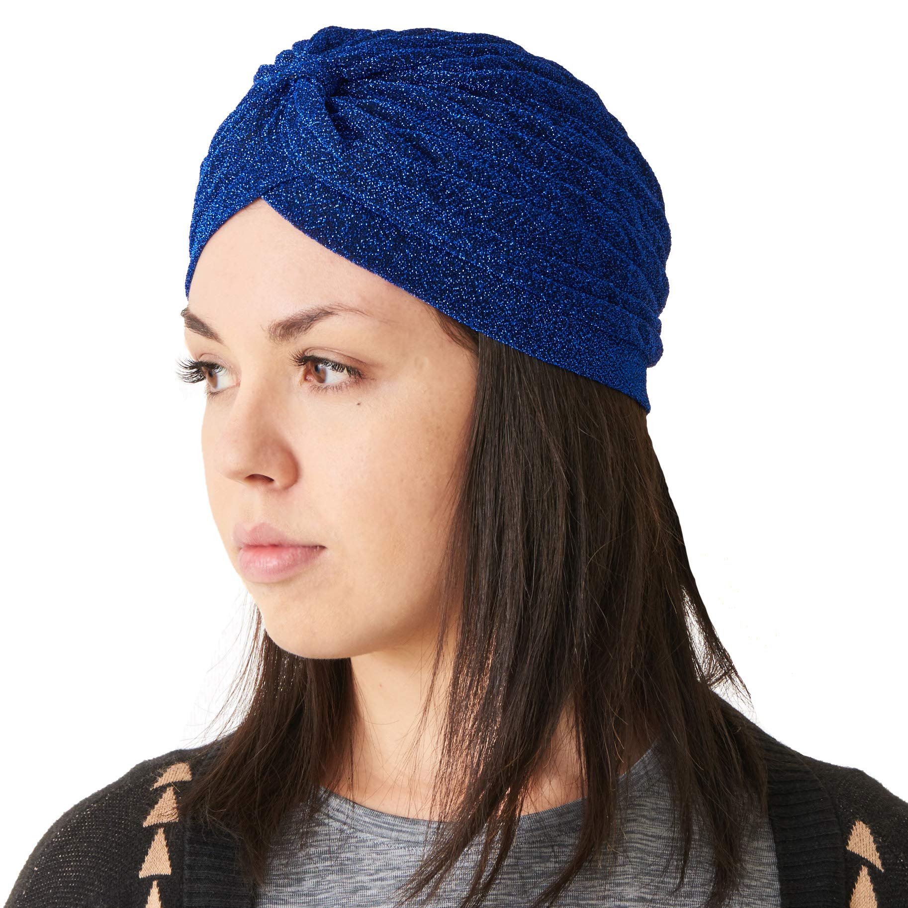 Charm Women's Blue Glitter Fashion Turban Hat - Twist Boho Headwrap Arabian Festival Chemo Hat