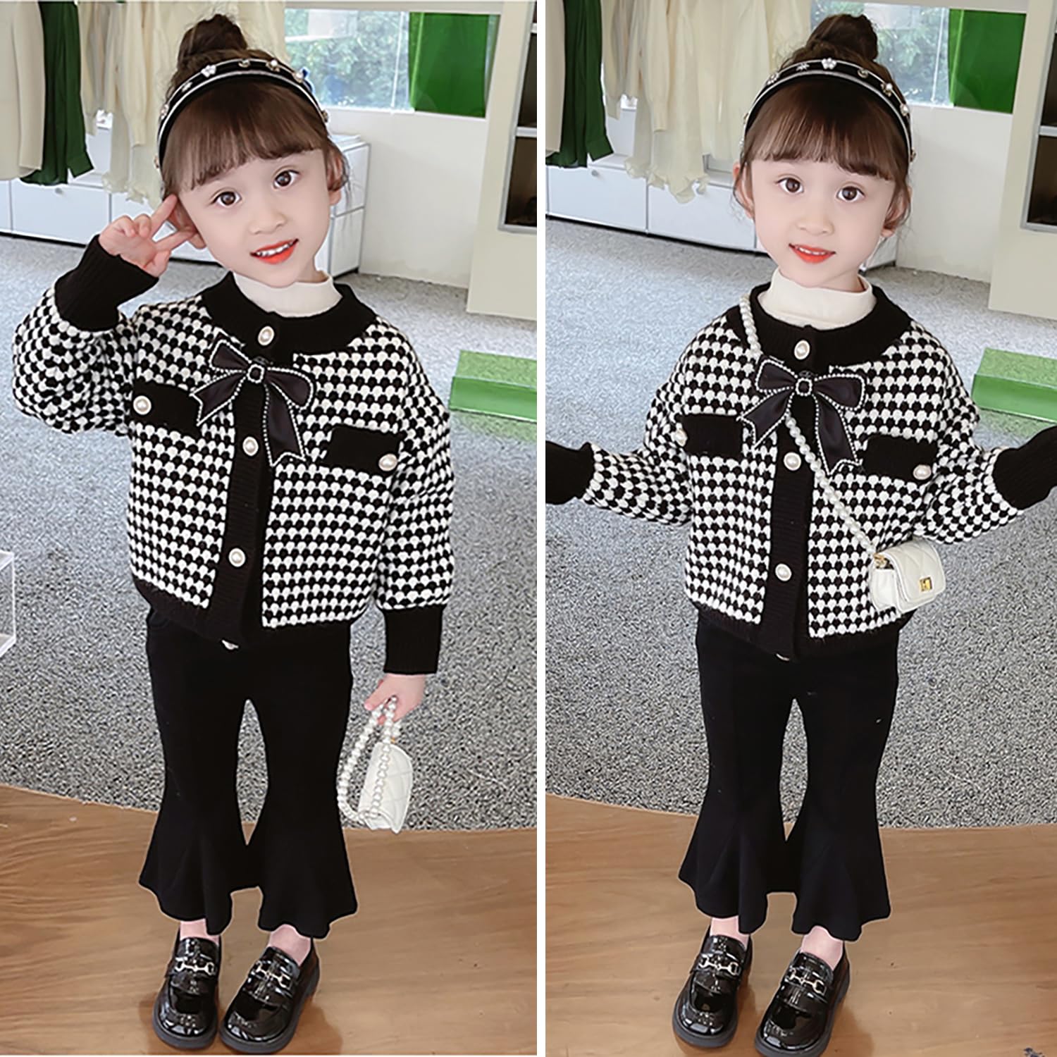 Cardigan en tricot boutonné pour petite fille Noir Taille 2-7T