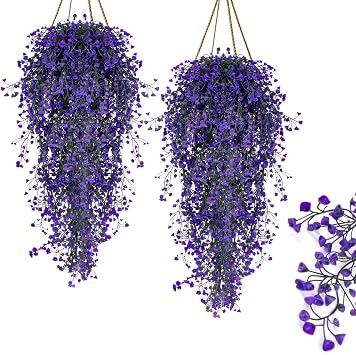 RAINFLOW 2PCS Artificial Hanging Plants - Purple Flower Vines for Home Decor