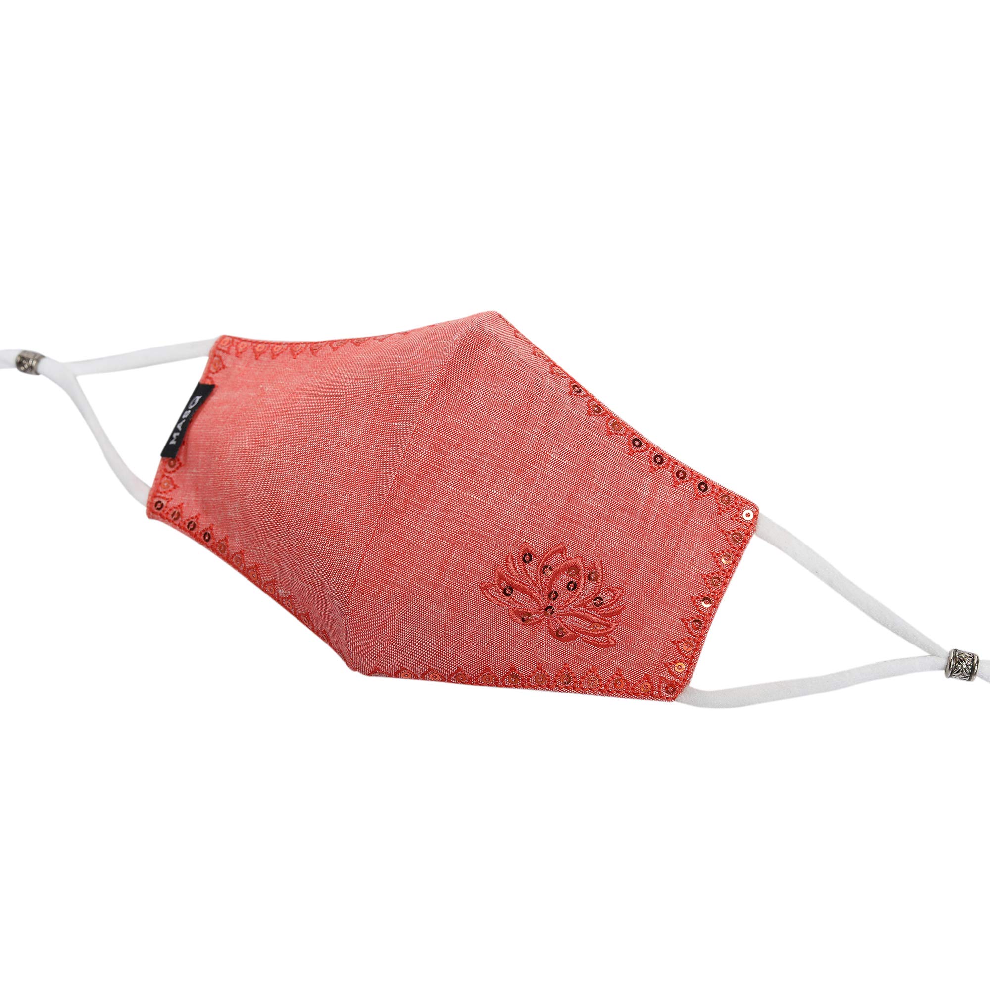 MASQ Lotus 4 Layer, Reusable, with Ear Adjusters, Anti-Bacterial BFE>99% Embroidered Linen Cloth Face Mask Combo for Women (Large, White-Red-Beige, Pack of 3)., Linen, Without Valve 3