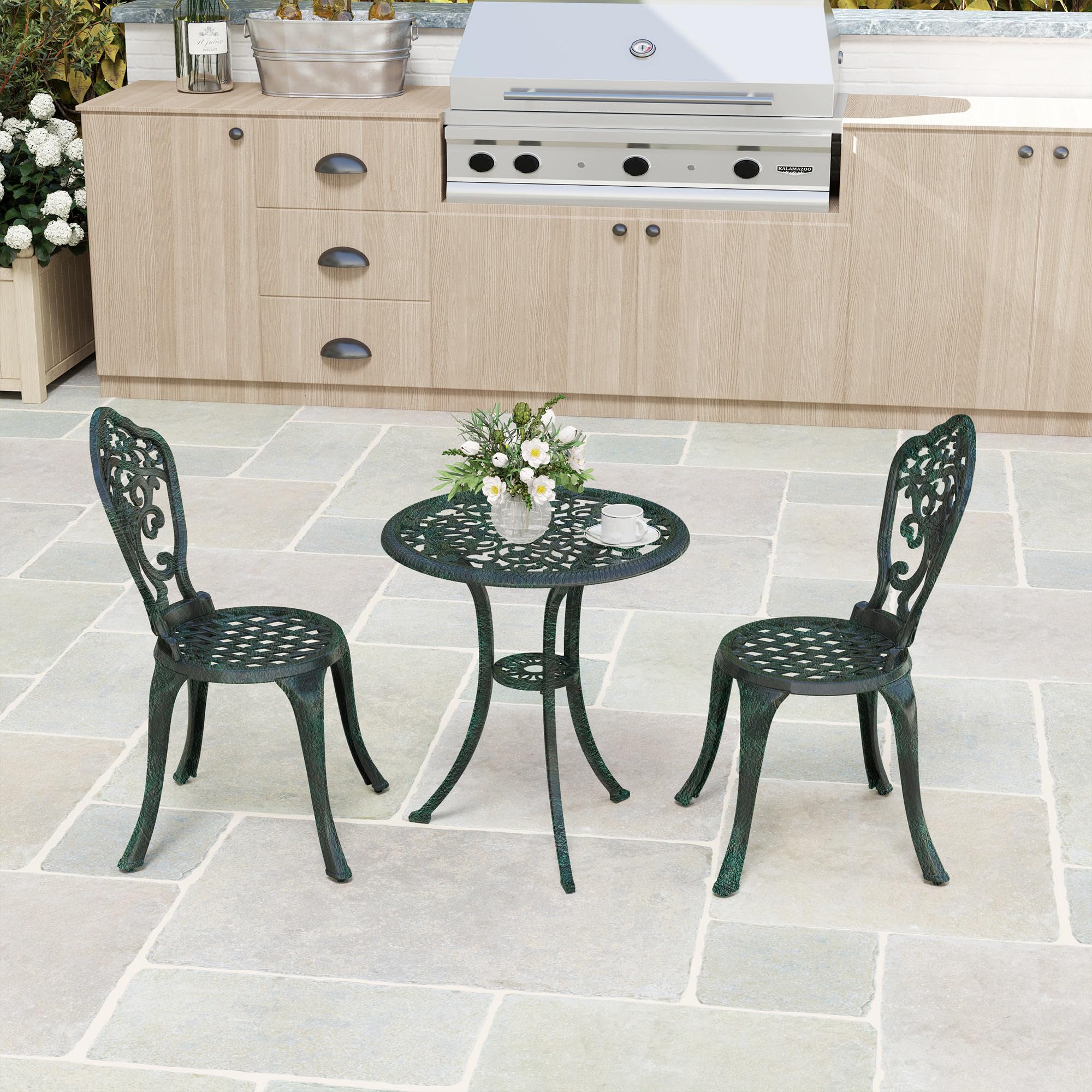 Outsunny Ensemble bistrot pour Jardin en Aluminium Salon de Jardin 3 pièces 2 chaises + 1 Table Ronde Imitation Fer forgé Vert
