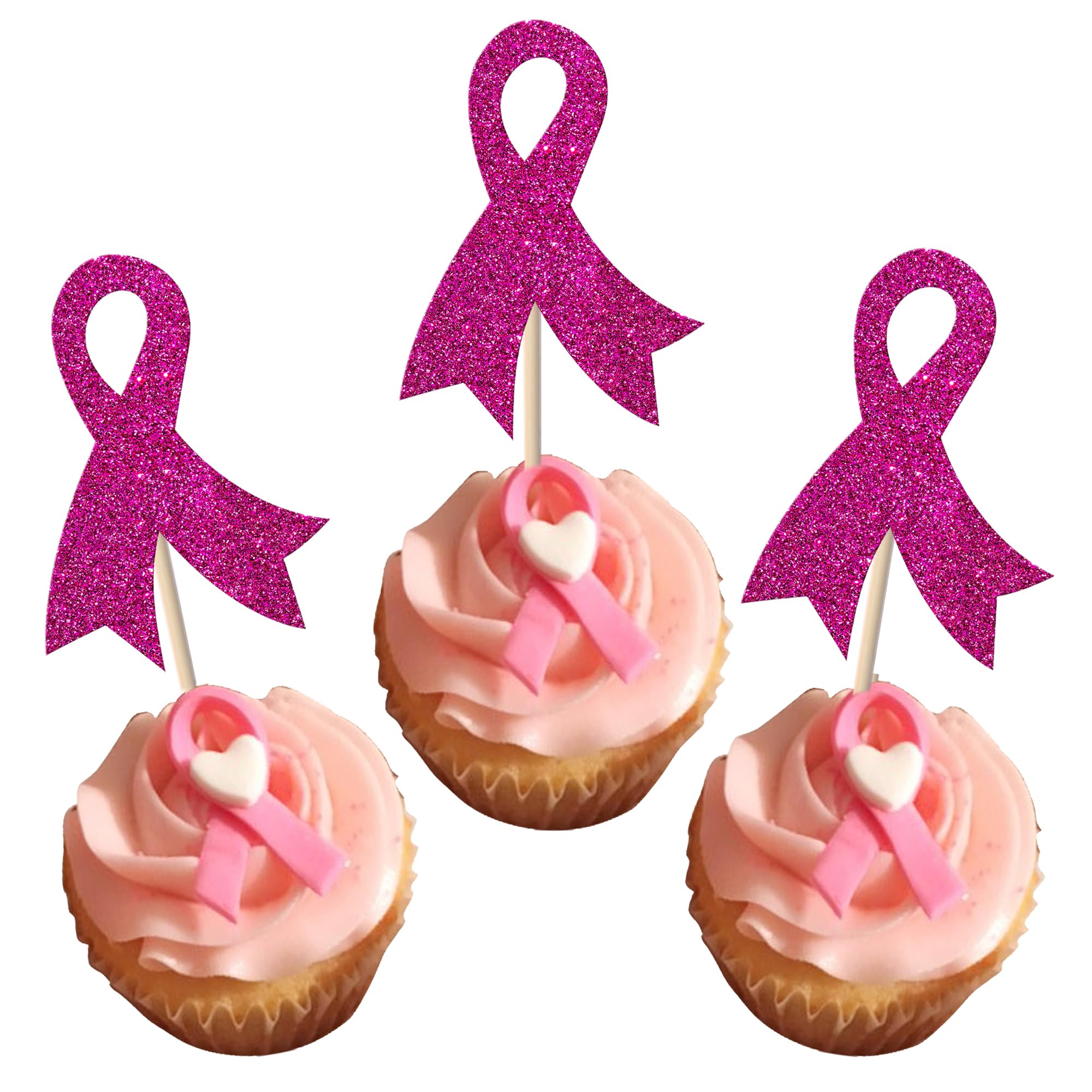 Xsstarmi 24 Pack Pink Ribbon Cupcake Toppers Glitter Breast Cancer Awareness Cupcake Picks Decoration for Breast Theme Women Health Pink Ribbon Party Cake Decorations Supplies