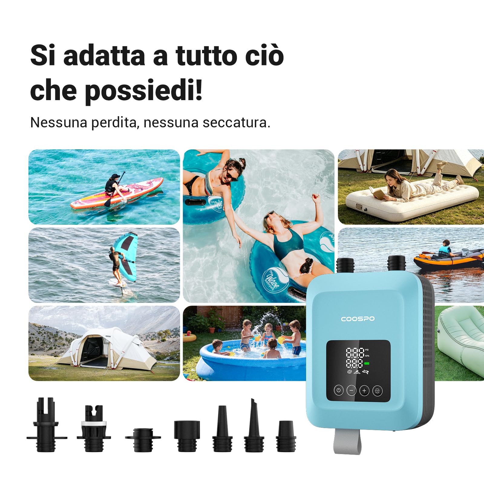 CooSpo Pompa elettrica verticale per SUP, gonfiaggio ad alta pressione a 20 psi, dotata di batteria ricaricabile da 59,2/44,4 Wh, silenziosa, adatta a kayak e altri articoli gonfiabili