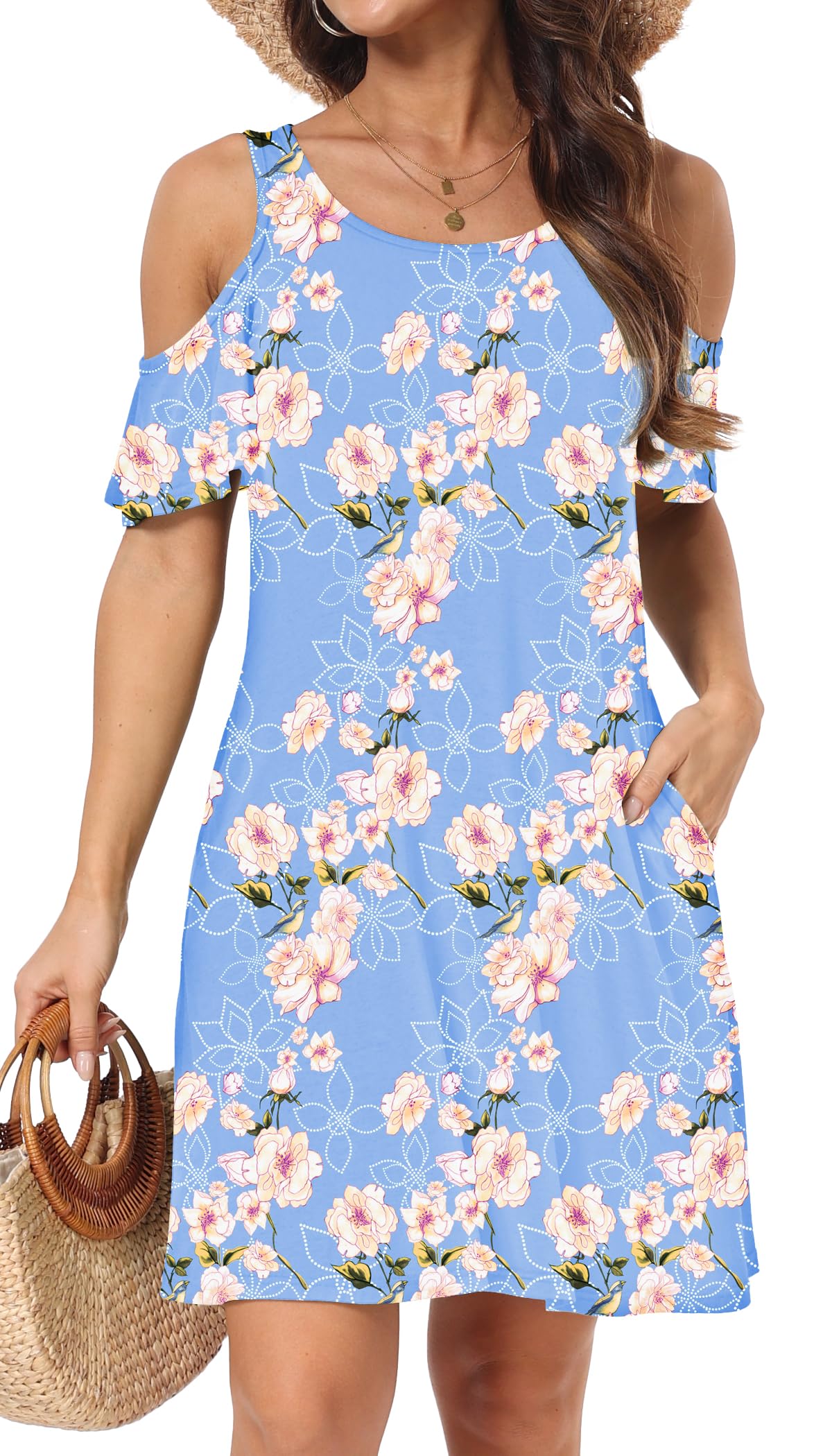 Short/Long Sleeve Women's Cold Shoulder Dress with Pockets Casual Swing T-Shirt Dresses