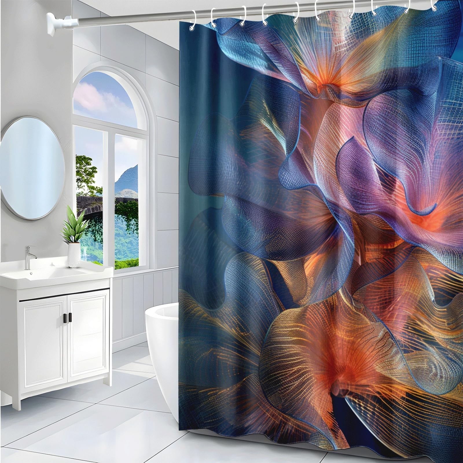 Tenda Doccia Fiore Blu Viola Tenda Doccia Antimuffa Impermeabile Poliestere Lavabile con 12 Ganci Facile da Installare Tende Finestra Bagno per Dormitorio Hotel(180x220cm)