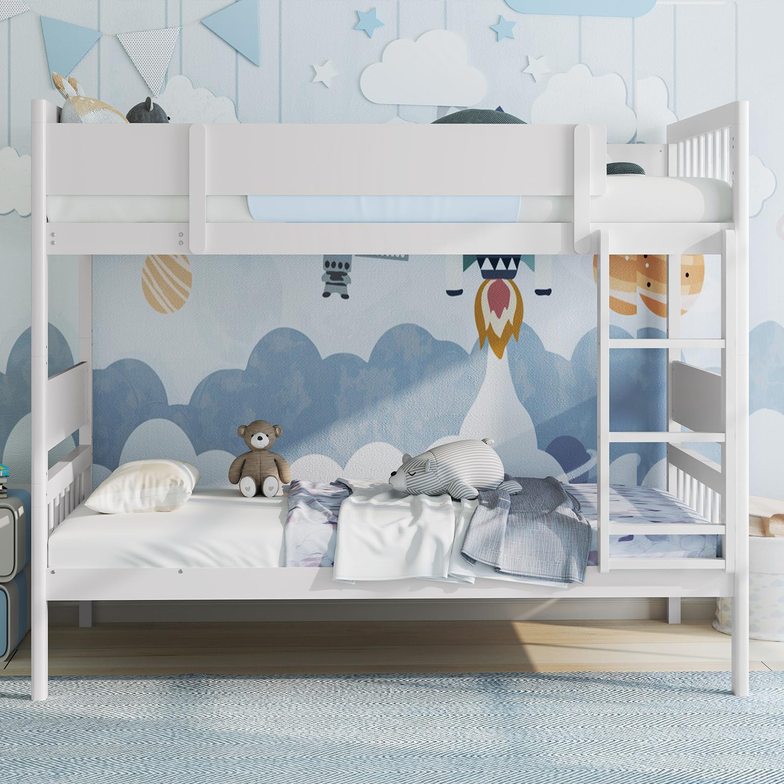 Giantex Wood Bunk Bed Twin Over Twin, Solid Wood Bunk Bed Frame with Ladder & Safety Guardrails, Space-Saving Convertible Bunk Beds for Kids Teens Juniors, Can Be Divided Into Two Twin Beds, White