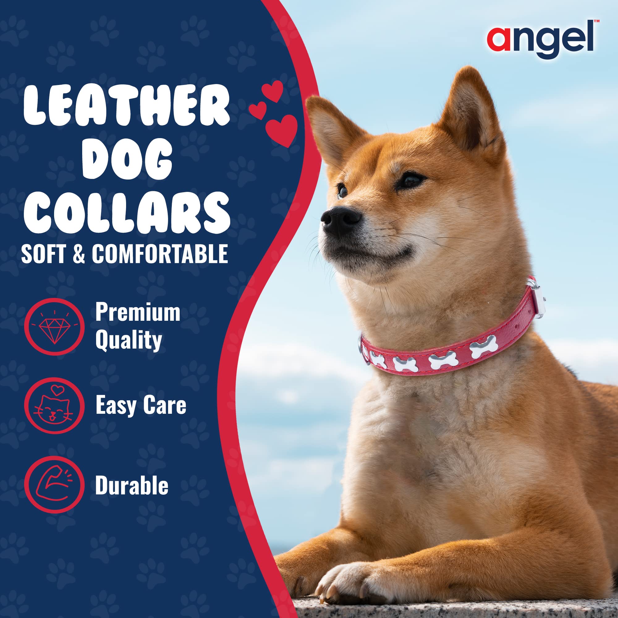 Angel Pet Supplies Inc. Huesos de Cuero Collar de Perro, Acolchado, Double-ply, con Mangos de configuración, 18" x 3/4 ", Rojo, 100% Piel auténtica (Rotterdam Huesos) Cuello tamaño: 12,5" – 16 "
