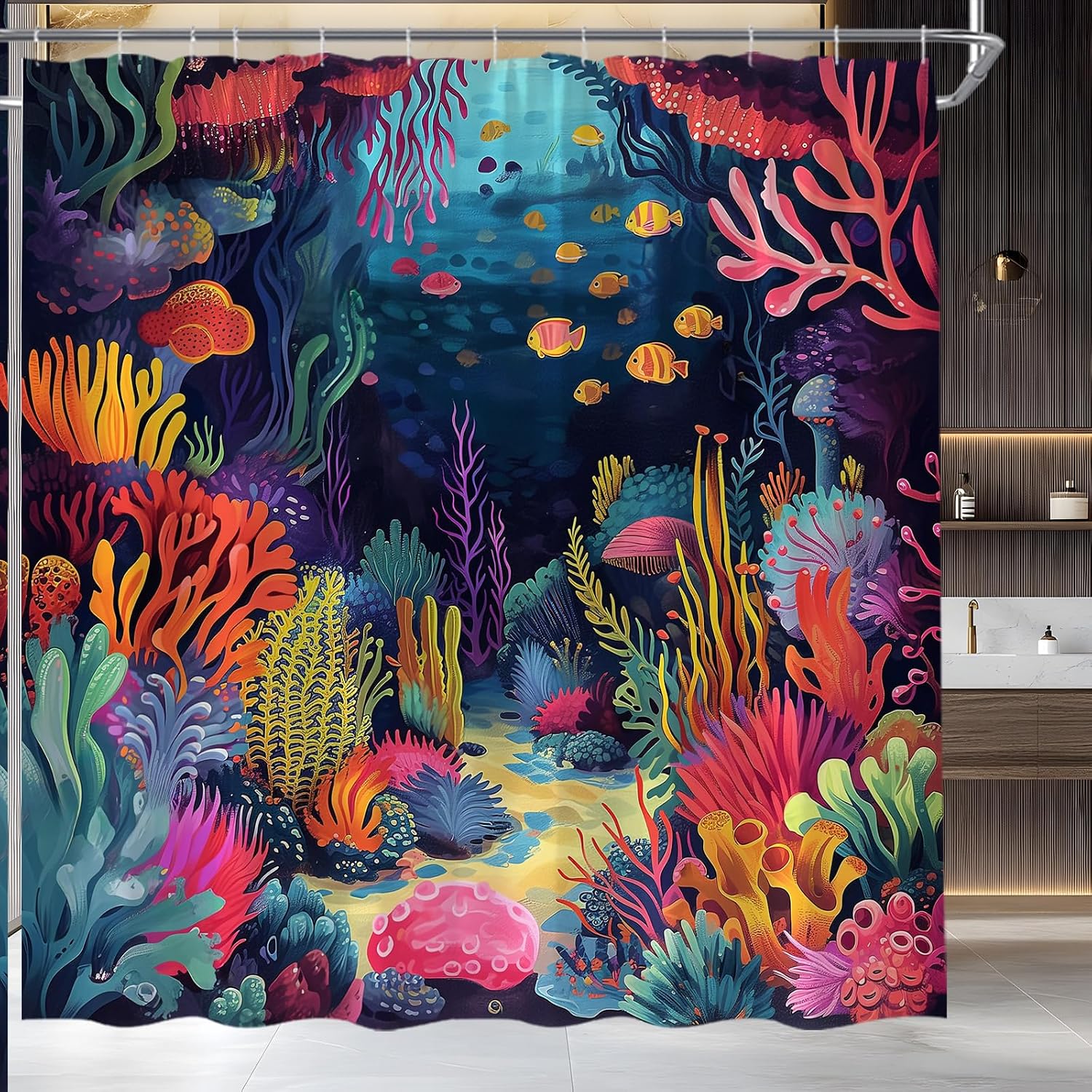 Underwater World Shower Curtain Ocean Colorful Tropical Fish Coral in The Deep Sea Polyester Fabric Bathroom Decor Set with Hooks(84" Wx70 H)
