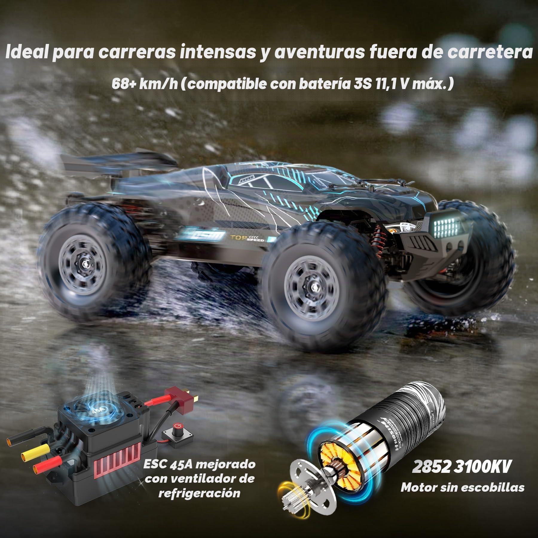 Hosim 1/10 RC Auto sin Escobillas para Adultos, 68+ km/h Alta Velocidad Coche Teledirigido, 4WD Impermeable Todo Terreno Offroad Hobby RC Truck Rápido, RC Eléctrico 2.4G con 2 Baterías para 40 Min