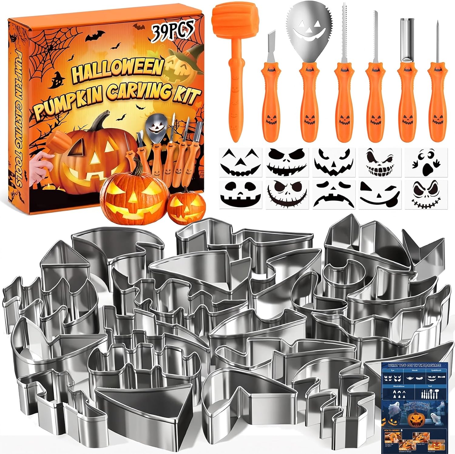 39 Pcs Halloween Pumpkin Carving Kit, 7 Heavy Duty Pumpkin Carving Tools Decorating Kit, 22 Pcs Stainless Steel Pumpkins Carving Stencils with 10 Stickers for Kids Adults