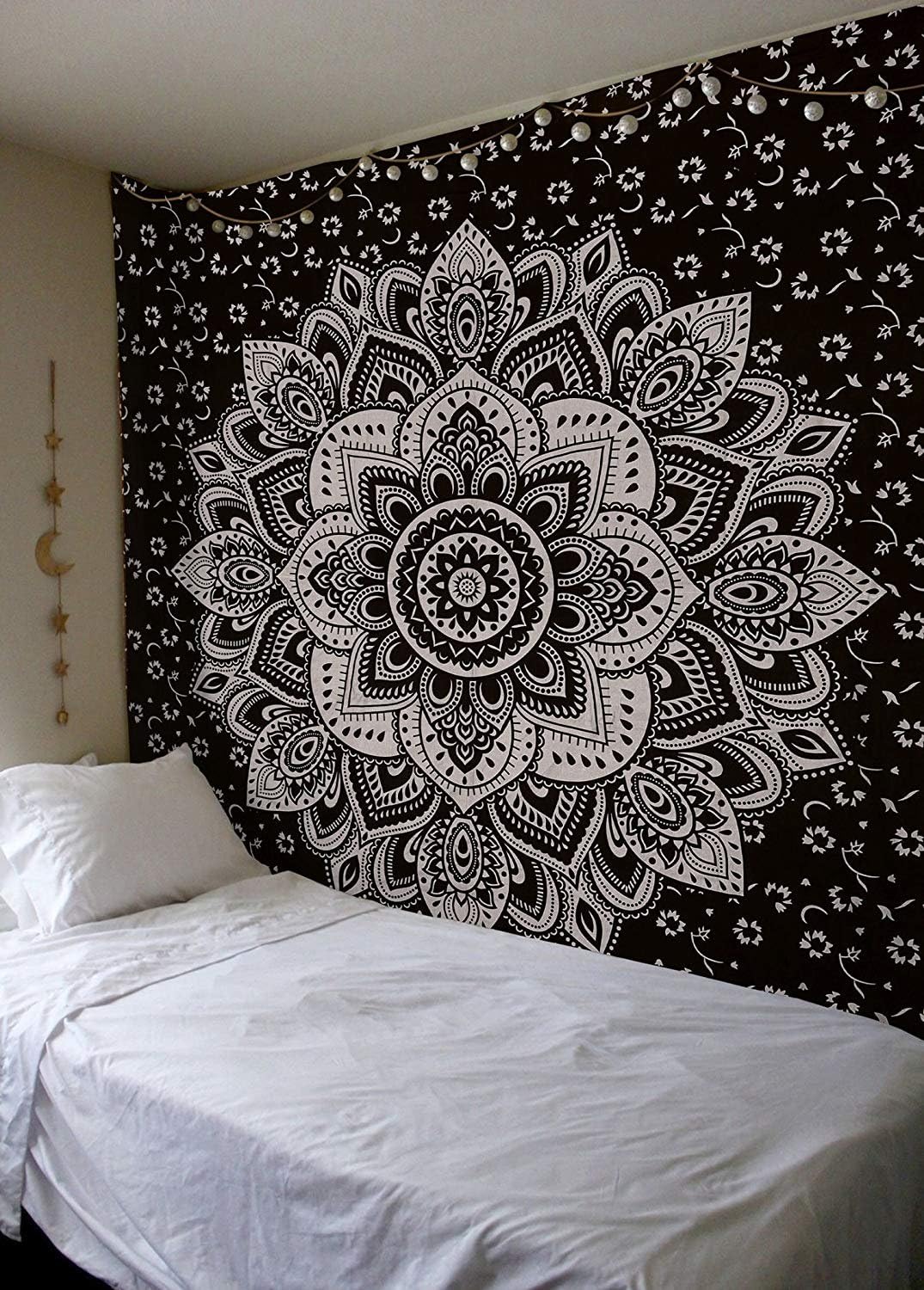 Madhu International Mandala Tapestry Cotton | Indian Hippie Dorm Bohemian Psychedelic Peacock Mandala | Wall Hanging, Beach Throw, Bedsheet, Table Cover, Yoga Mat | Medium (Black-Sliver, 54 x 60 Inch)