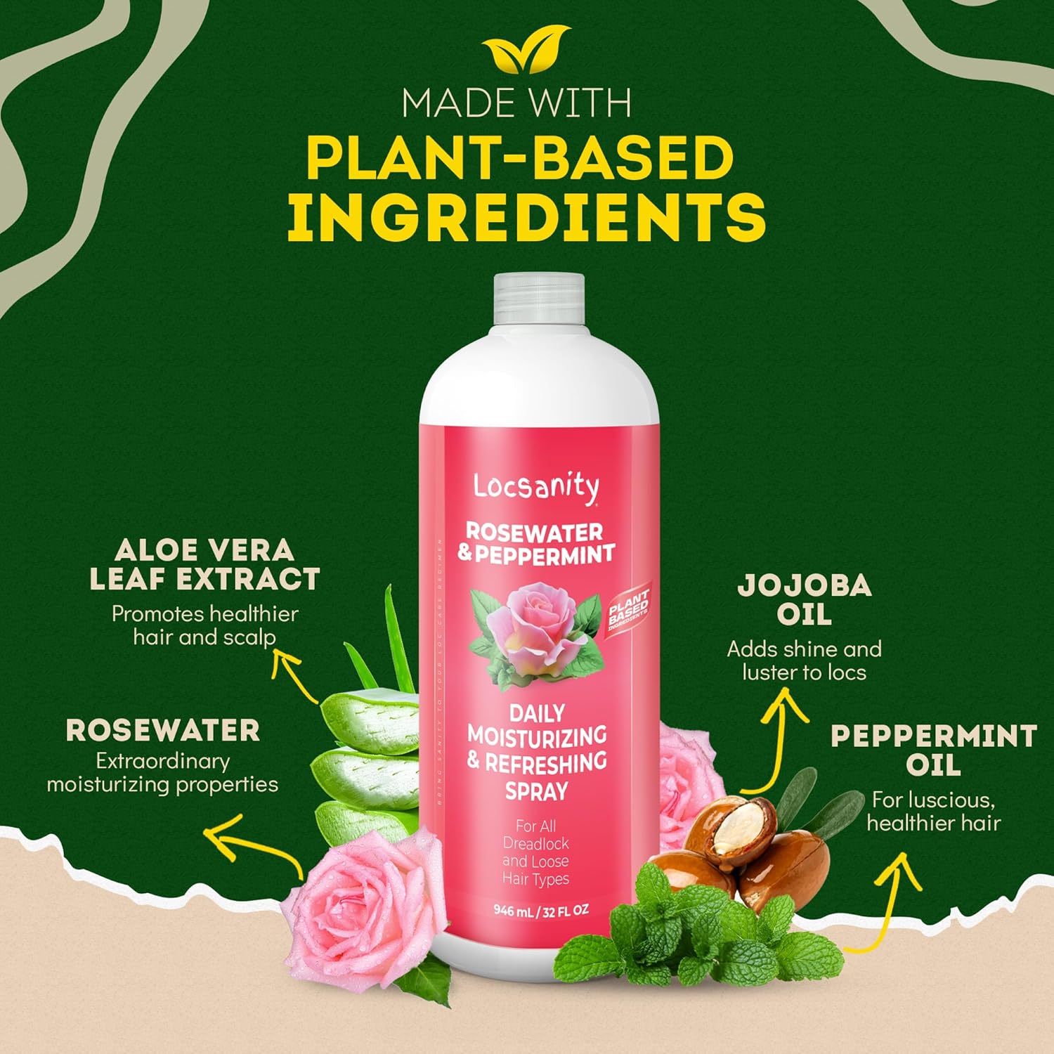 Loc Spray - Locsanity Daily Moisturizing Rosewater & Peppermint Spray for Locs, Dreadlocks - Lightweight Frizz Control Hair & Scalp Moisturizer - Natural Loc Care (32 fl oz)