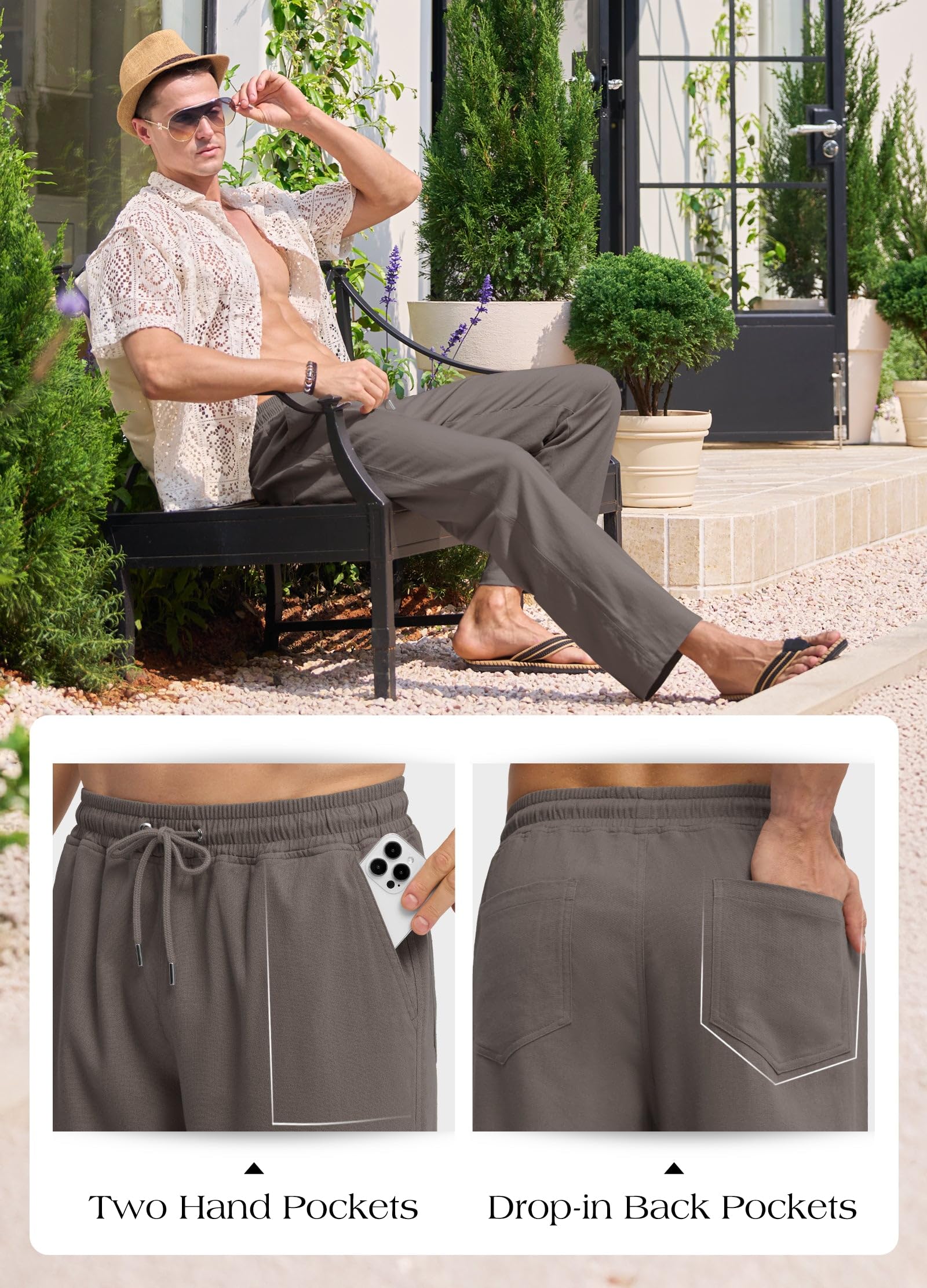 WILLIT Pantalones de lino para hombre, ligeros y transpirables, pantalones de yoga de algodón, con bolsillos, cómodos pantalones de ocio para el día a día, viajes, playa, 71 cm y 76 cm