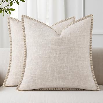 decorUhome Summer Decorative Throw Pillow Covers 16x16 Set of 2 Square Faux Linen Outdoor Neutral Farmhouse Pillow Covers with Stitched Edge for Couch Sofa Living Room, Beige