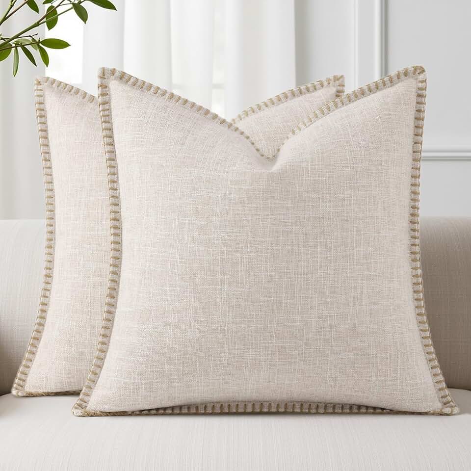 decorUhome Summer Decorative Throw Pillow Covers 18x18 Set of 2 Square Faux Linen Outdoor Neutral Farmhouse Pillow Covers with Sti