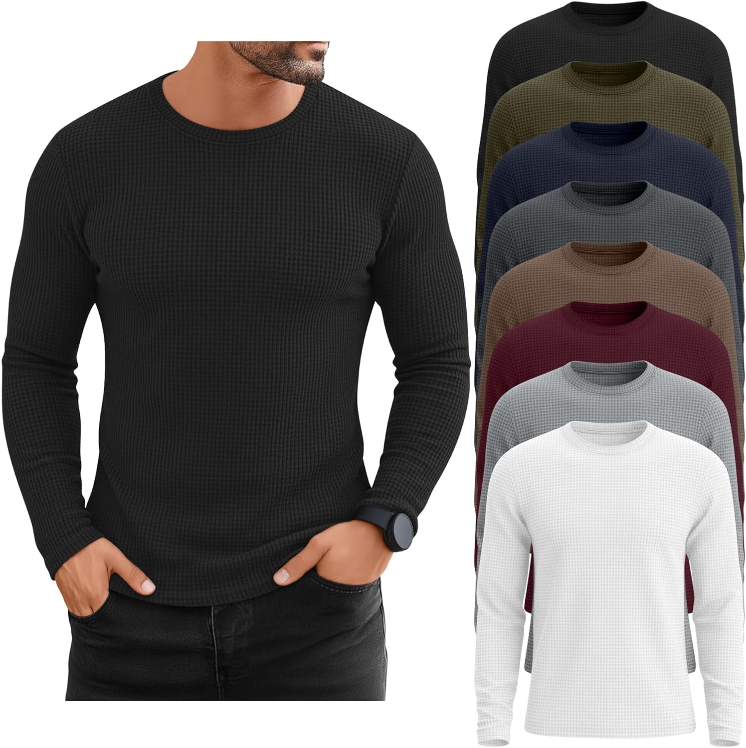 Riyiper 8 Pack Men's Waffle Thermal Shirts Long Sleeve Crew Neck Tops Casual Pullover Sweaters Basic Undershirts