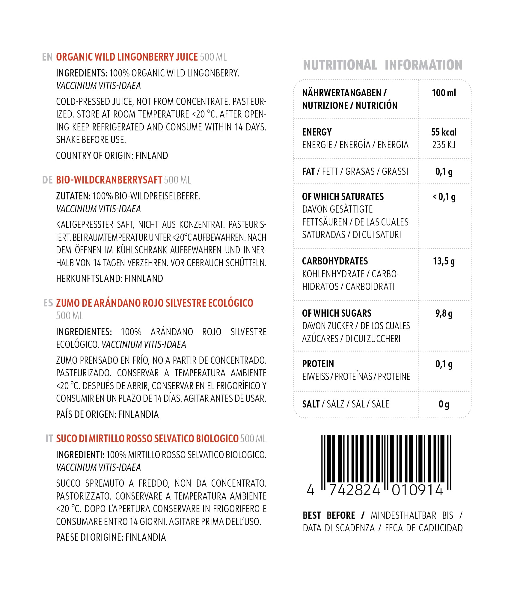 LOOV succo di mirtilli rossi selvatici biologici, 500 ml, 100% da mirtilli rossi pressati, contiene polifenoli, nessuna aggiunta di acqua o zucchero, cresciuti spontaneamente da foreste nordiche