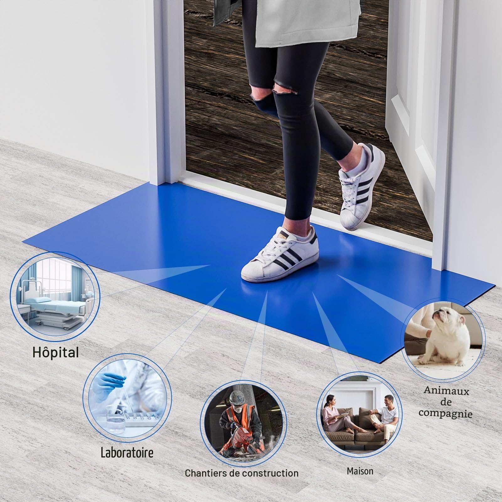 Tapis adhésif pour chaussures, 45 x 90 cm, 30 feuilles, autocollants, tapis de sol, autocollants pour la construction, hôpital, atelier, animaux domestiques, bleu