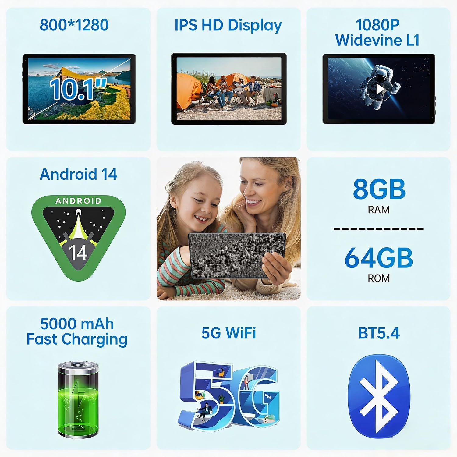 10.1 Inch Android Tablet, Octa-Core Processor, 8GB RAM 64GB ROM 1TB Expand, WiFi 6 Bluetooth 5.4, HD IPS Screen, Widevine L1, Dual Camera, Face Unlock, Black