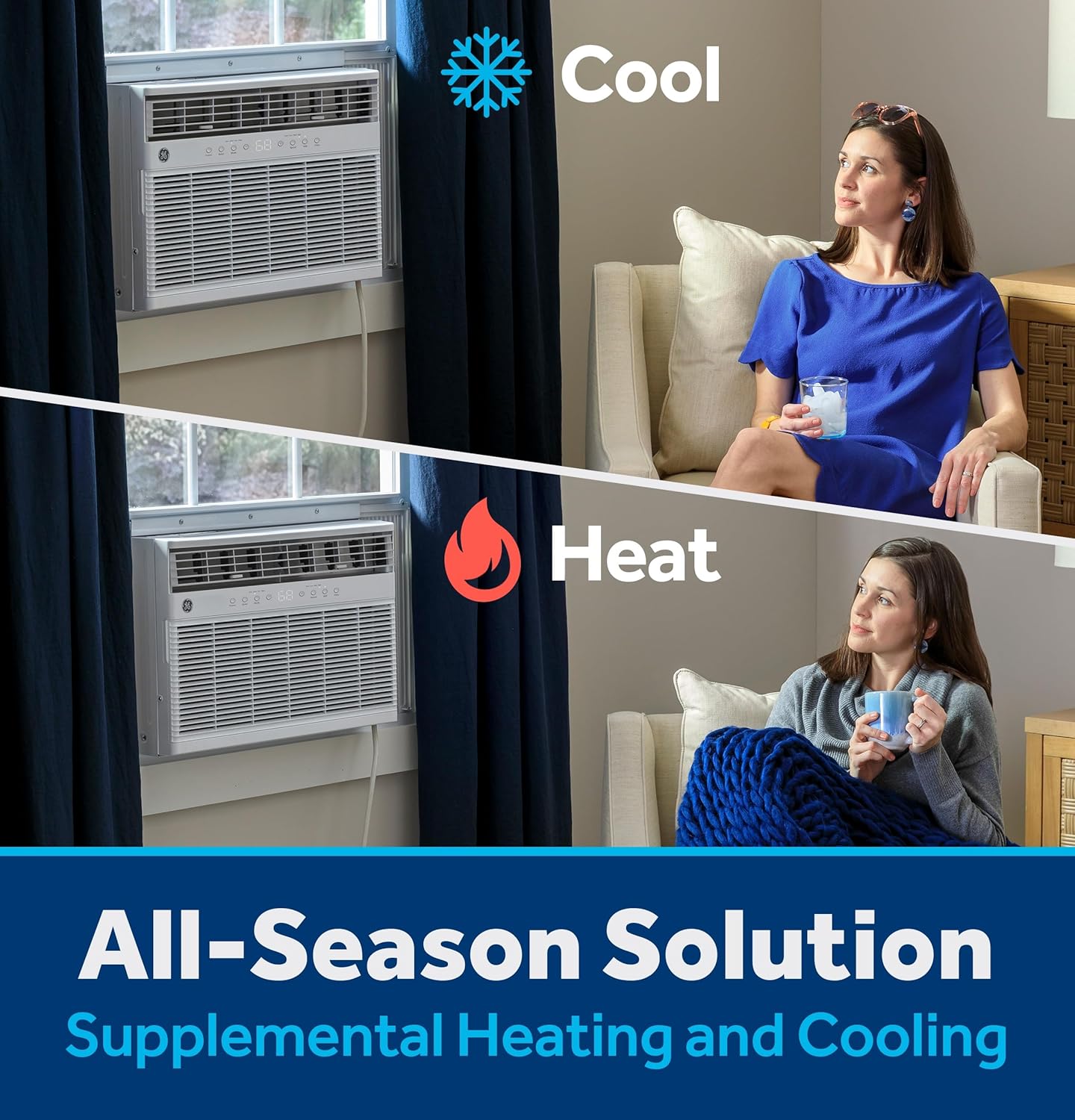 GE 8,000 BTU Smart Window Air Conditioner with Heat Pump and Inverter for Rooms up to 350 sq ft, Compact AC Window Unit with Heat, WiFi, Alexa/Google, Eco Mode, Remote, Easy Install Kit