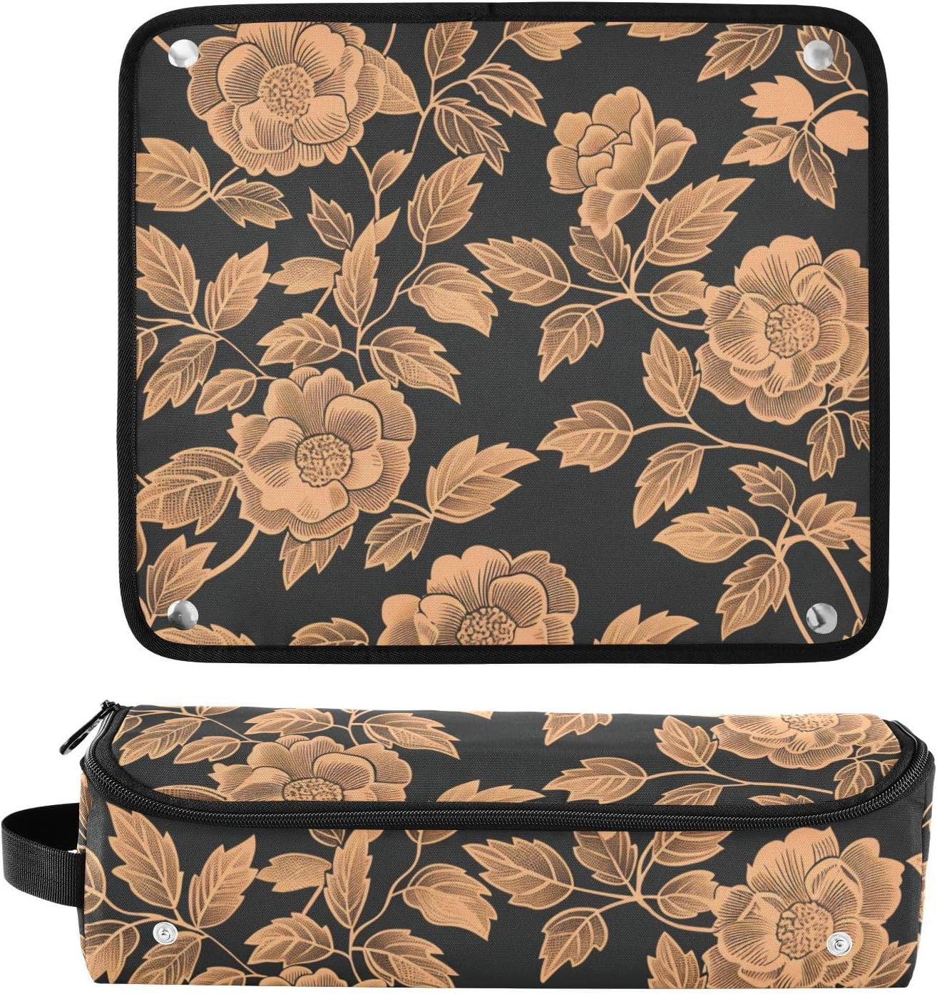 Hair Tool Travel Bag for Women and Heat Resistant Mat with Zipper Hair Tools Organizer Storage Bag for Flat Irons Straighteners Curling Irons Floral Rose Gold Black Accessories Organizer