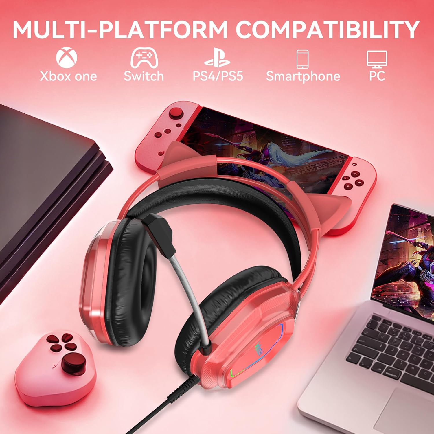 Wantek Cute Cat-Ear Gaming Headset - 50mm Drivers, Noise-Cancelling Mic, 3.5mm Wired Stylish & Lightweight Design (Red)