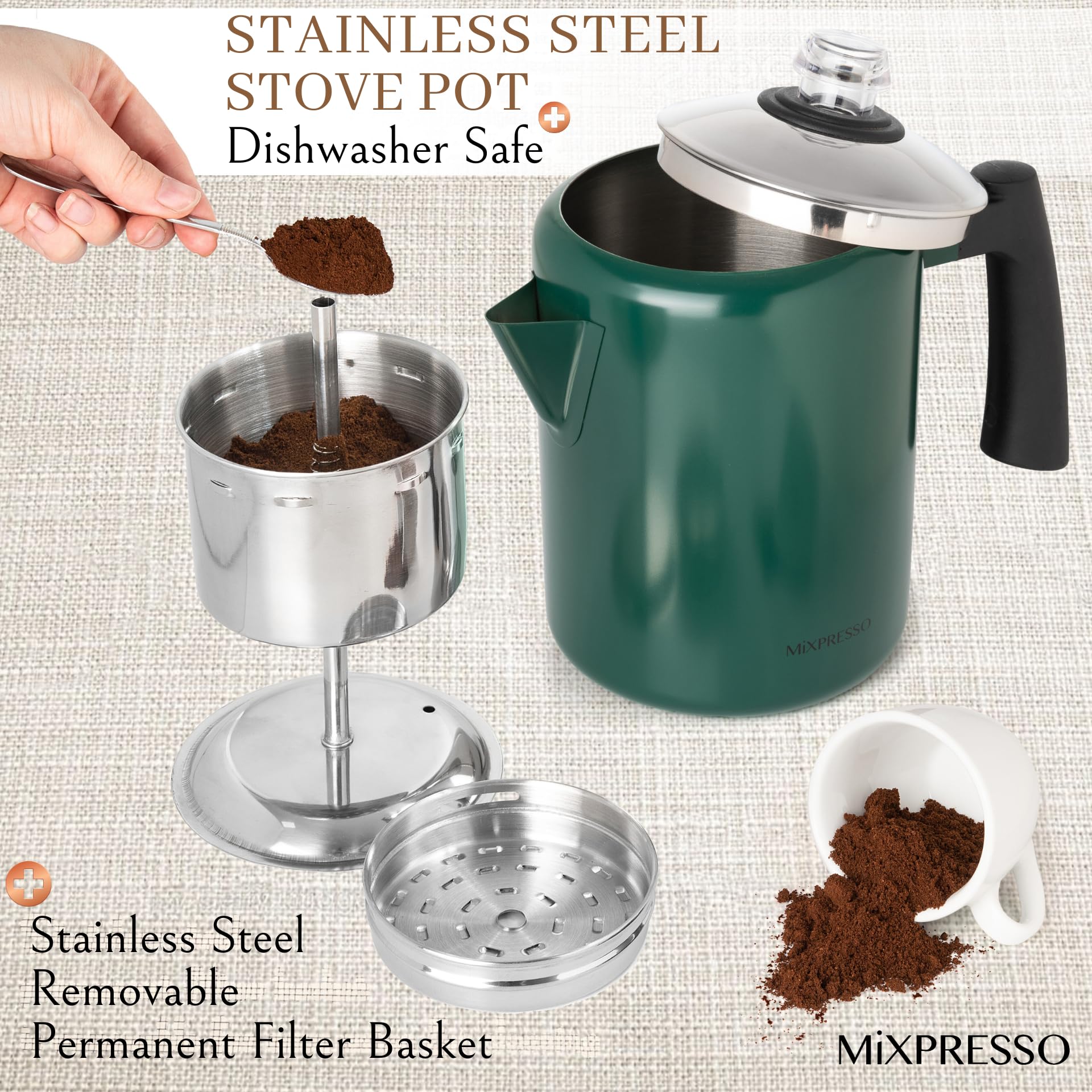 Mixpresso Percolador de café de acero inoxidable, cafetera percoladora, excelente para cafetera de camping, 5-8 tazas (verde)