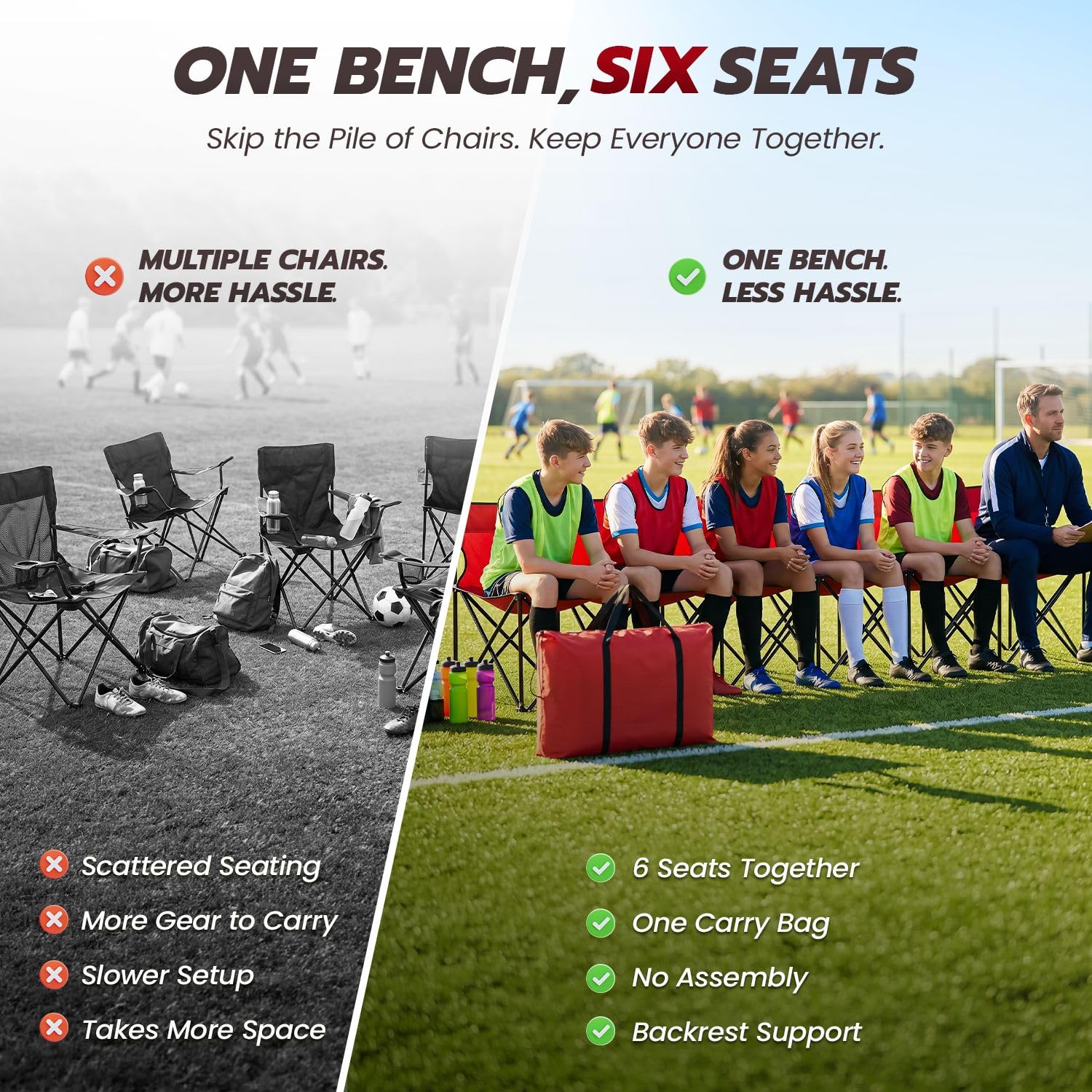 Flexzion Tragbare klappbare Sitzbank, 6‑Sitzer, zusammenklappbare Fußball-Bank, tragbare Sitzbank für Tribünen, Camping, Spielfeldrand, mit Rückenlehne und Tragetasche, Rot
