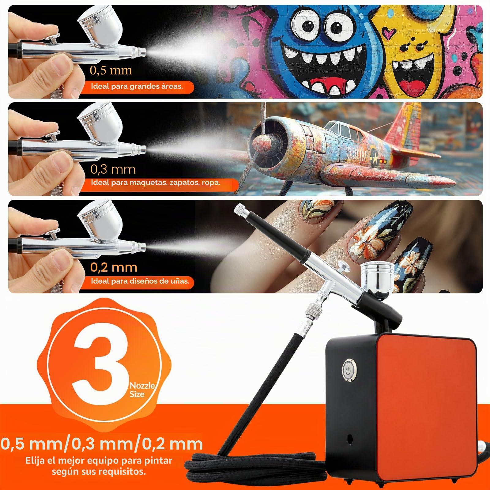 Mini Kit Aerógrafo con Compresor 40 PSI, Pistola Doble Acción, 3 Modos y Boquillas de 0,2/0,3/0,5 mm, Profesional Airbrush para Modelismo, Tartas, Uñas y Cosmética