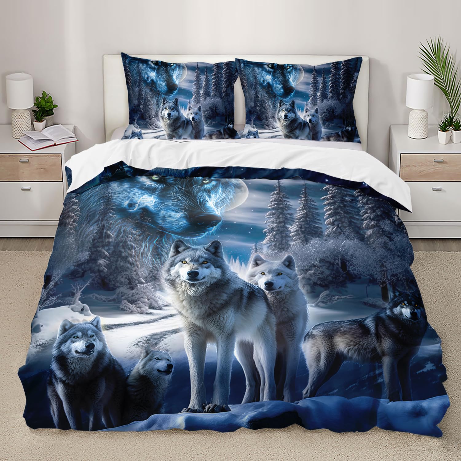 AILONEN Snow Wolf Bedding Queen Duvet Cover Set, 3D Night Galaxy Starry Wolf Comforter Cover Set, Wild Animals Themed Quilt Cover and 2 Pillowcases for Boys Adults, 3 Pieces