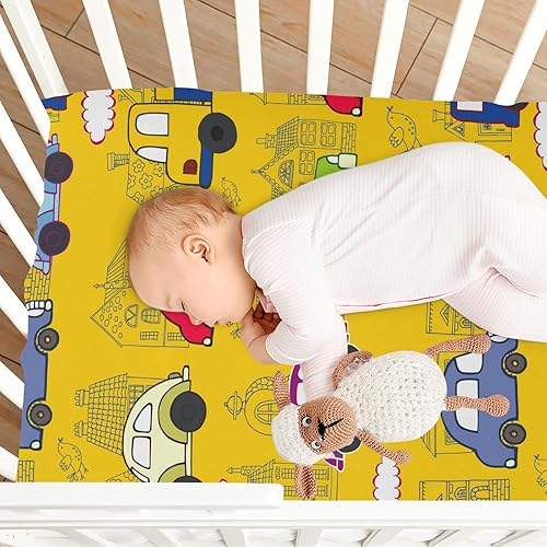 Miniatura 7 de Cars Houses - Juego de sábanas ajustables amarillas compatibles con otros corralitos, patios de juegos, cunas portátiles y minicunas de 52 x 28