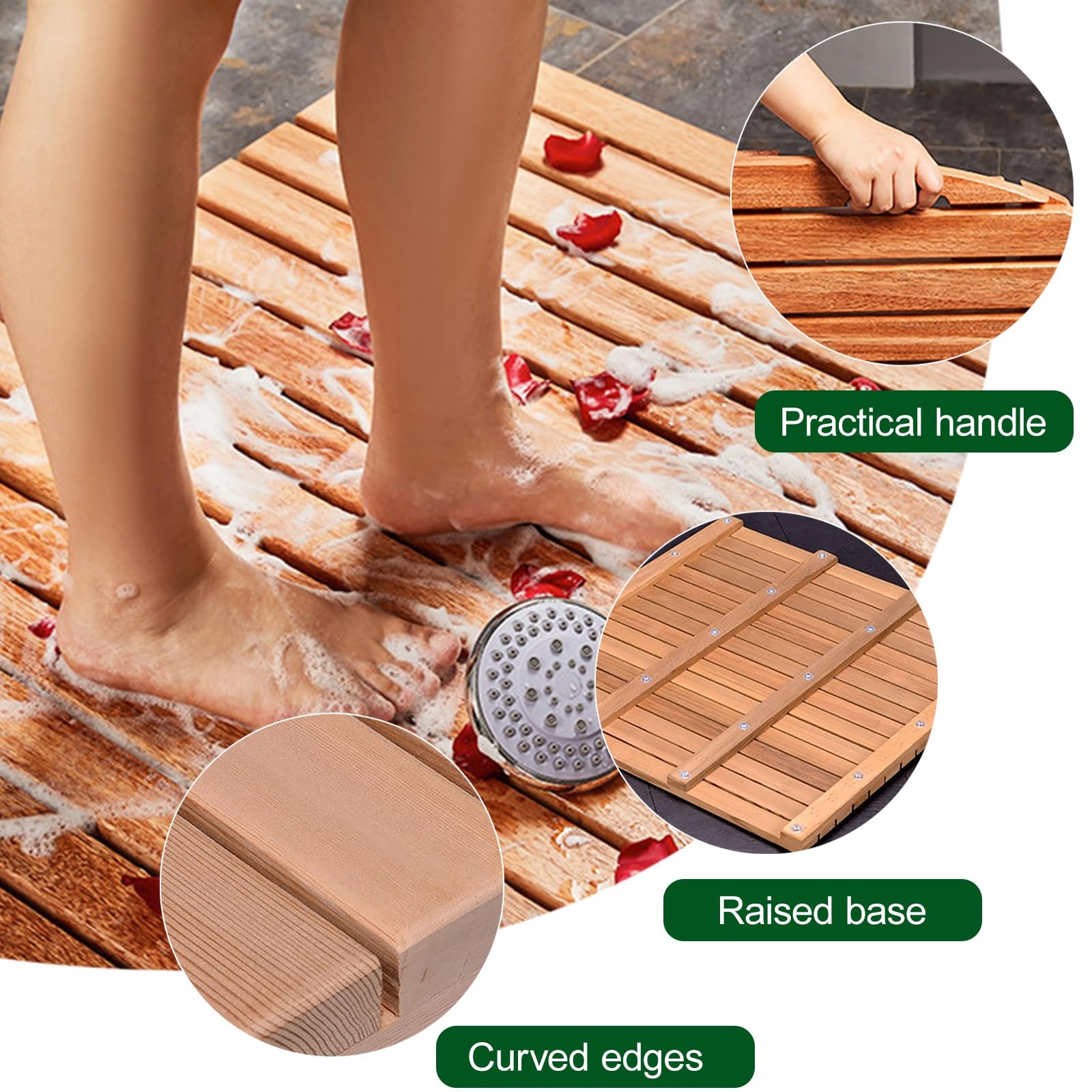 Tappetino da bagno in legno di teak antiscivolo, Pedana per Doccia Design con Maniglia,con Piedini Antiscivolo, ideale per doccia, sauna e piscina(30x60cm/11.8 * 23.6in)